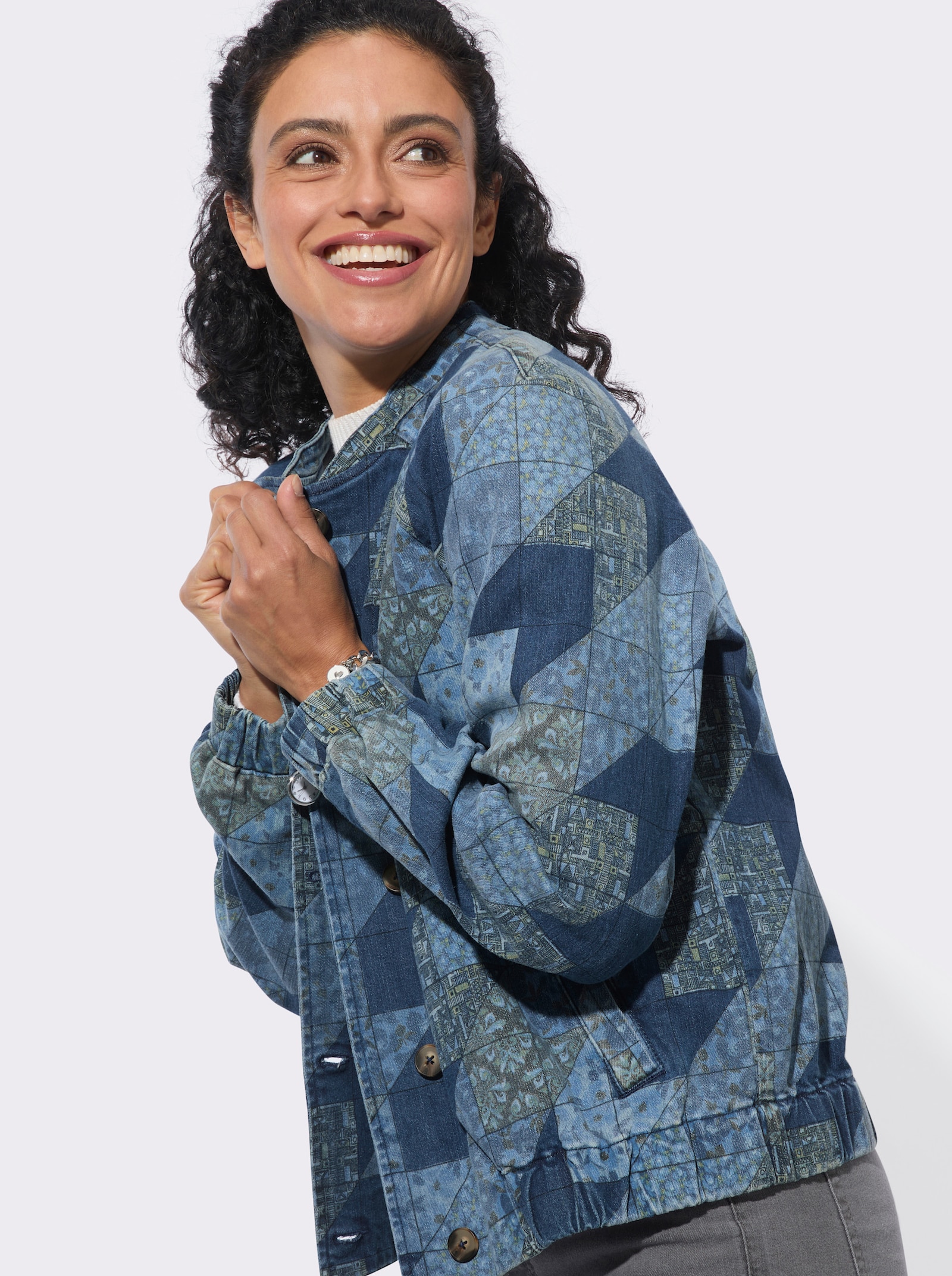 Jeansjacke in Patchwork-Optik - jeansblau-gemustert