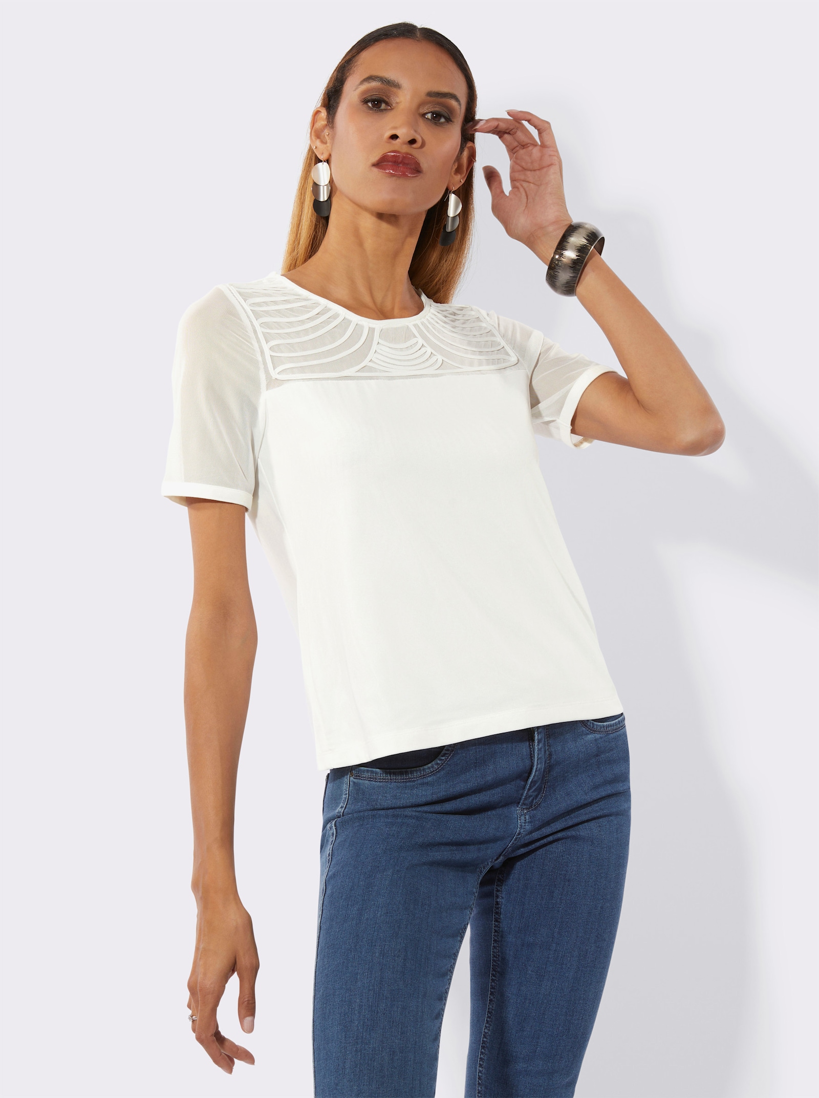 Kurzarmshirt mit Bändchen-Verzierung - ecru