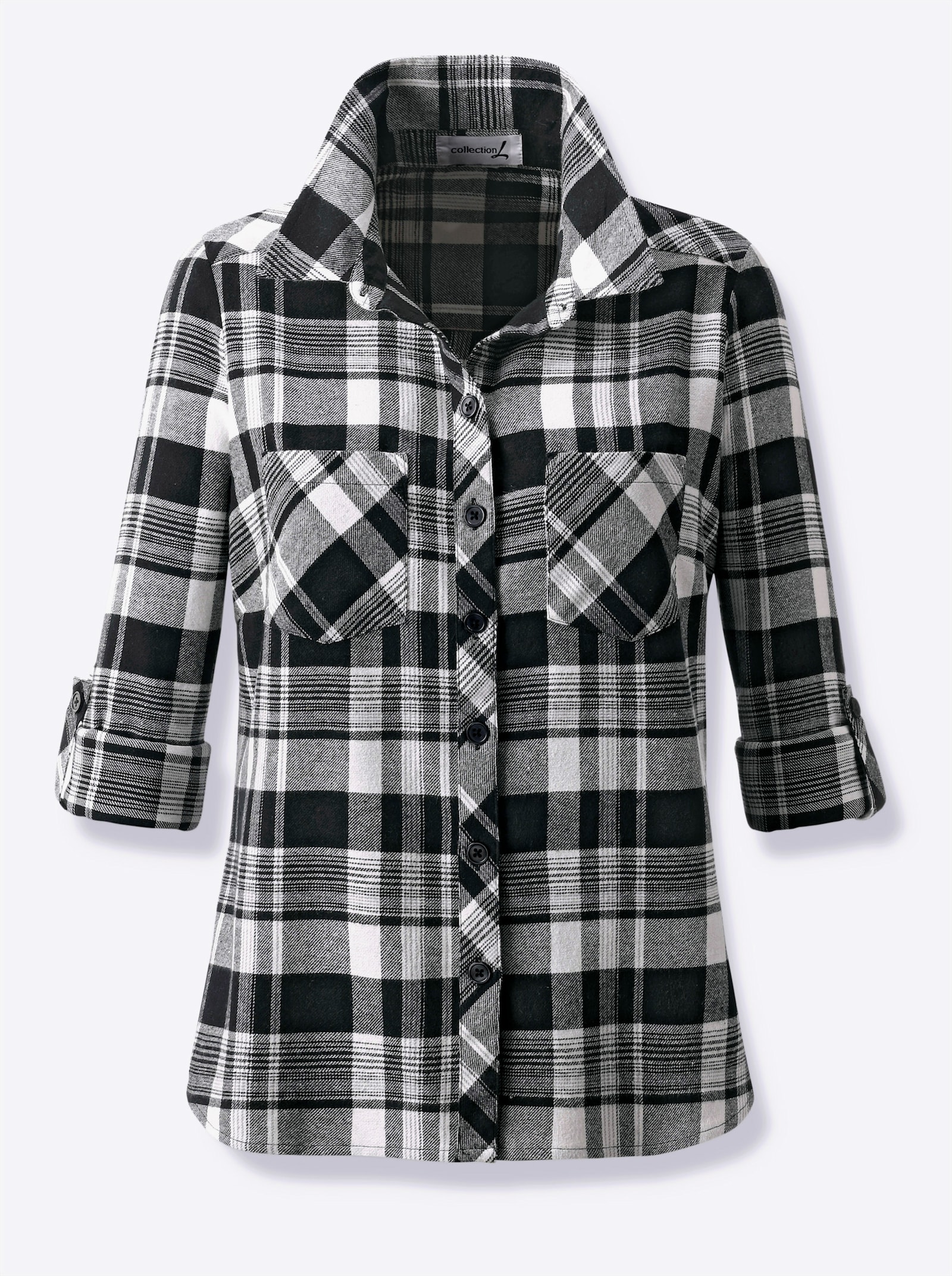 Flanellbluse mit aufgesetzten Brusttaschen - ecru-schwarz-kariert