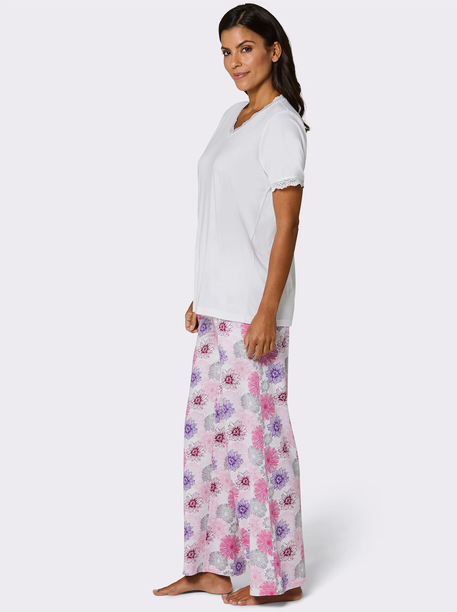 wäschepur Schlafanzug mit geblümter Hose - weiß-fuchsia-bedruckt