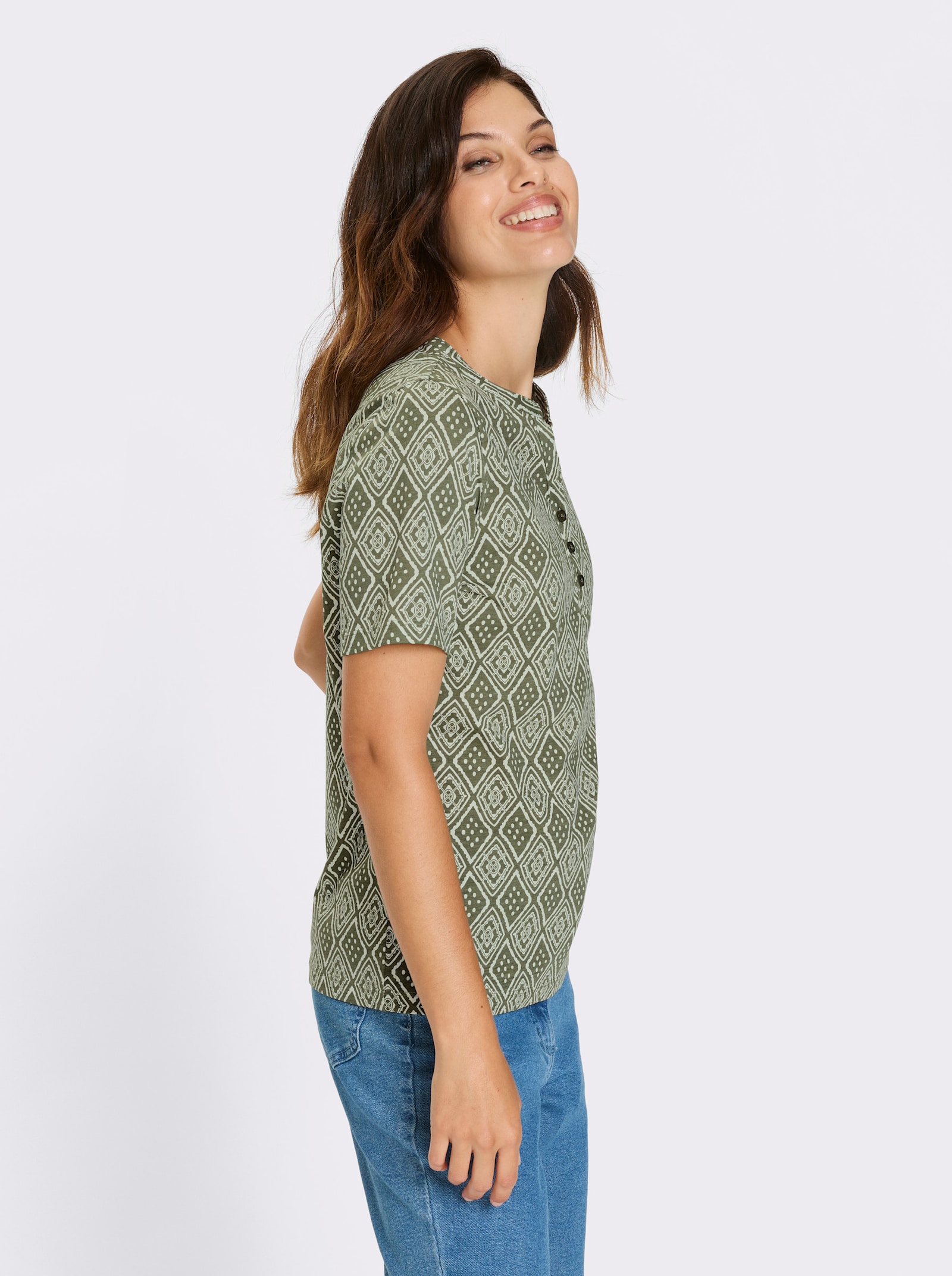 Kurzarmshirt mit Ethno-Druck - khaki-ecru-bedruckt