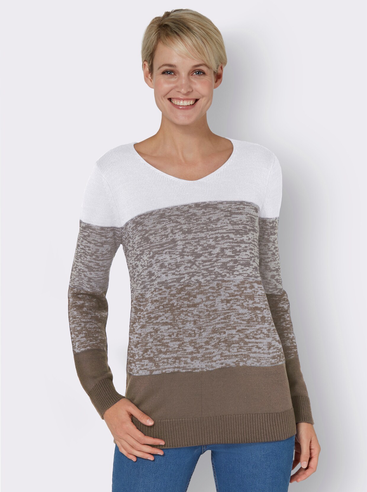 Pullover met V-hals - taupe gestreept