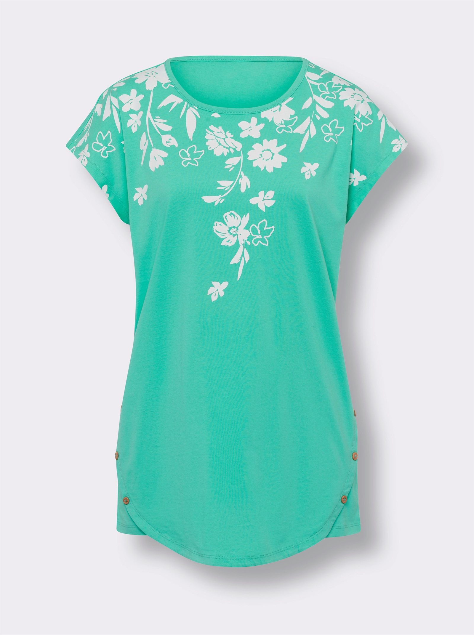 Lång topp med dekorknappar - blågrön-vit