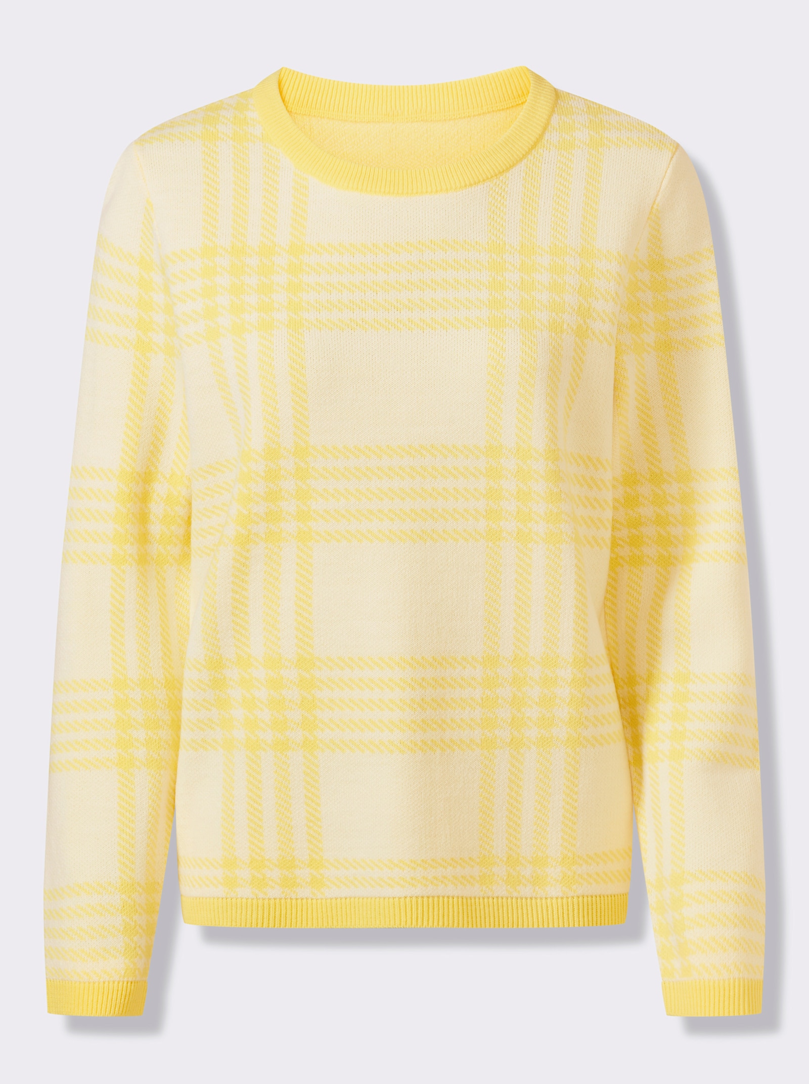 Pulóver, okr. výstrih, vzor káro-žakár - Citrónovo-svetlobéžový vzor