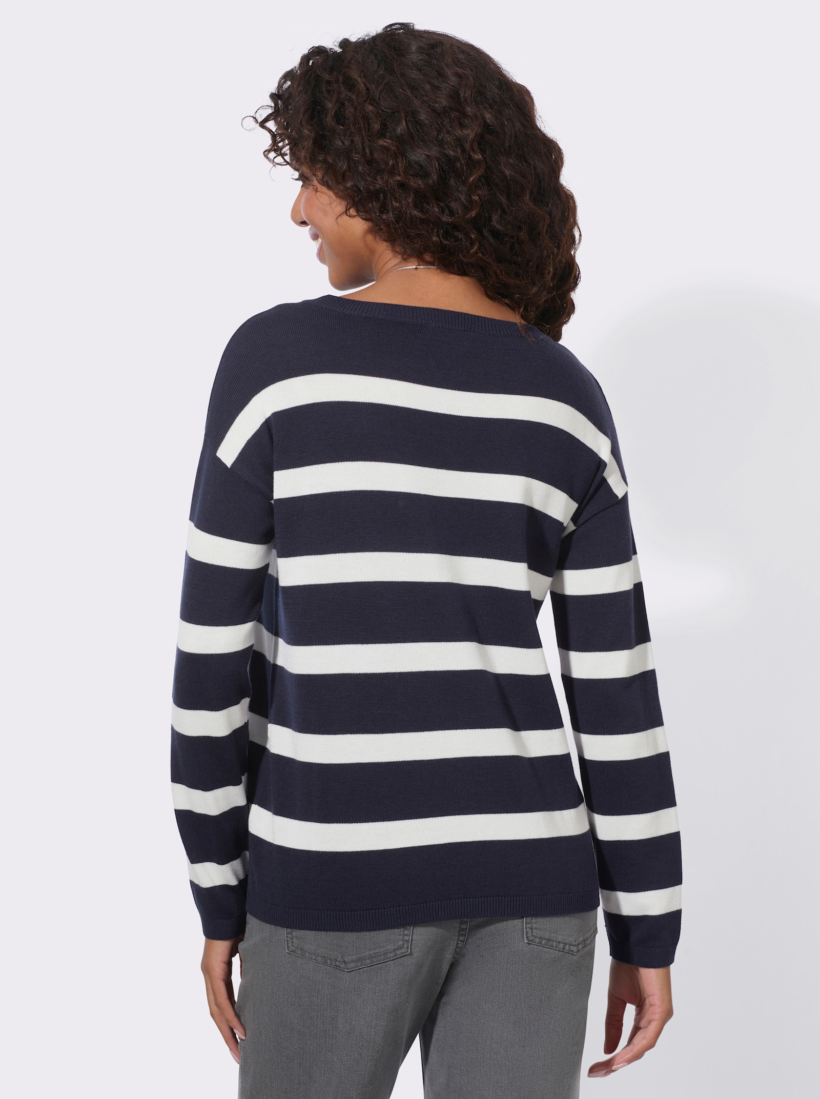 Feinstrickpullover mit U-Boot-Ausschnitt - marine-ecru-geringelt