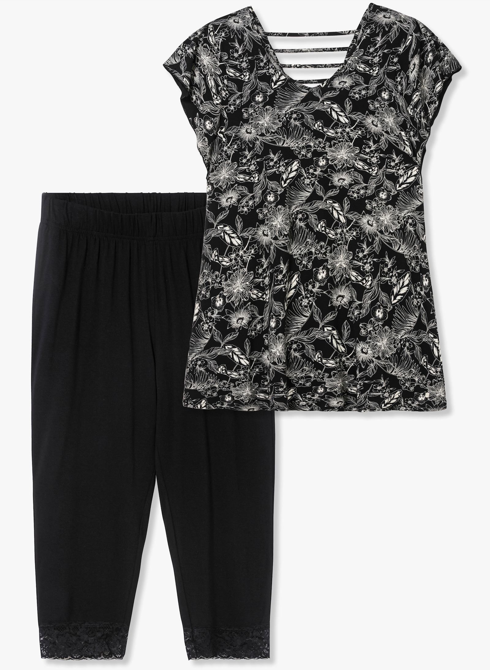 sheego Shirt und Leggings mit femininen Details - schwarz-weiß