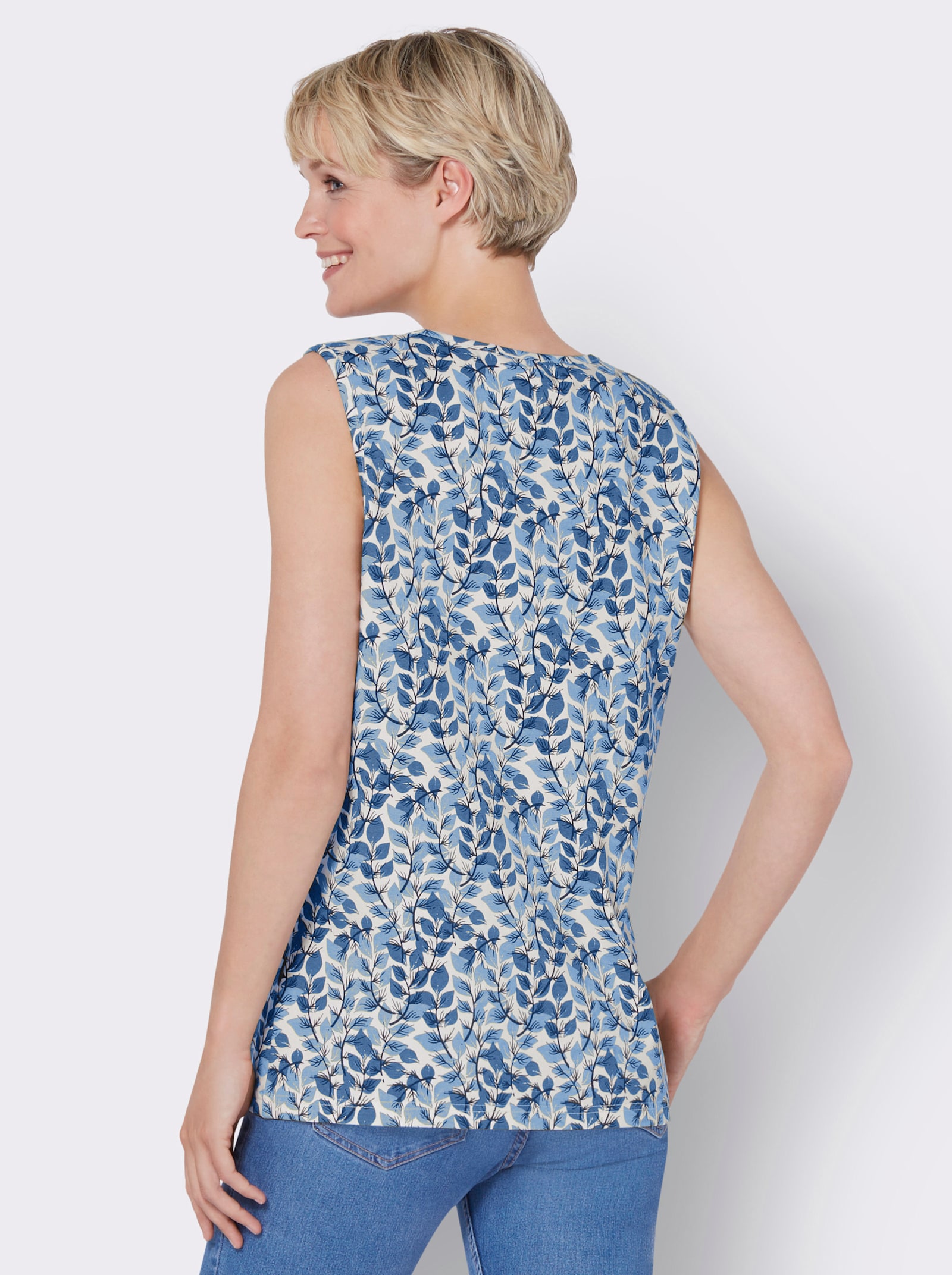 Shirttop im Blätter-Dessin - ecru-mittelblau-bedruckt