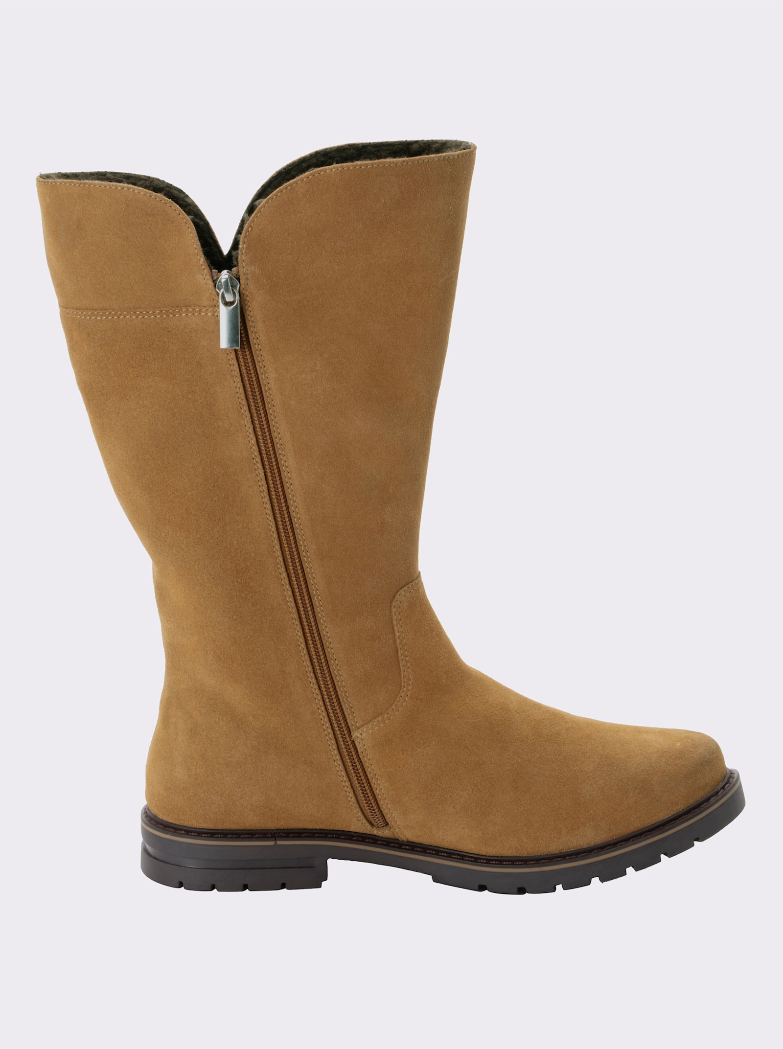 sheego Weitschaftstiefel aus Veloursleder, mit Teddyfutter - cognac