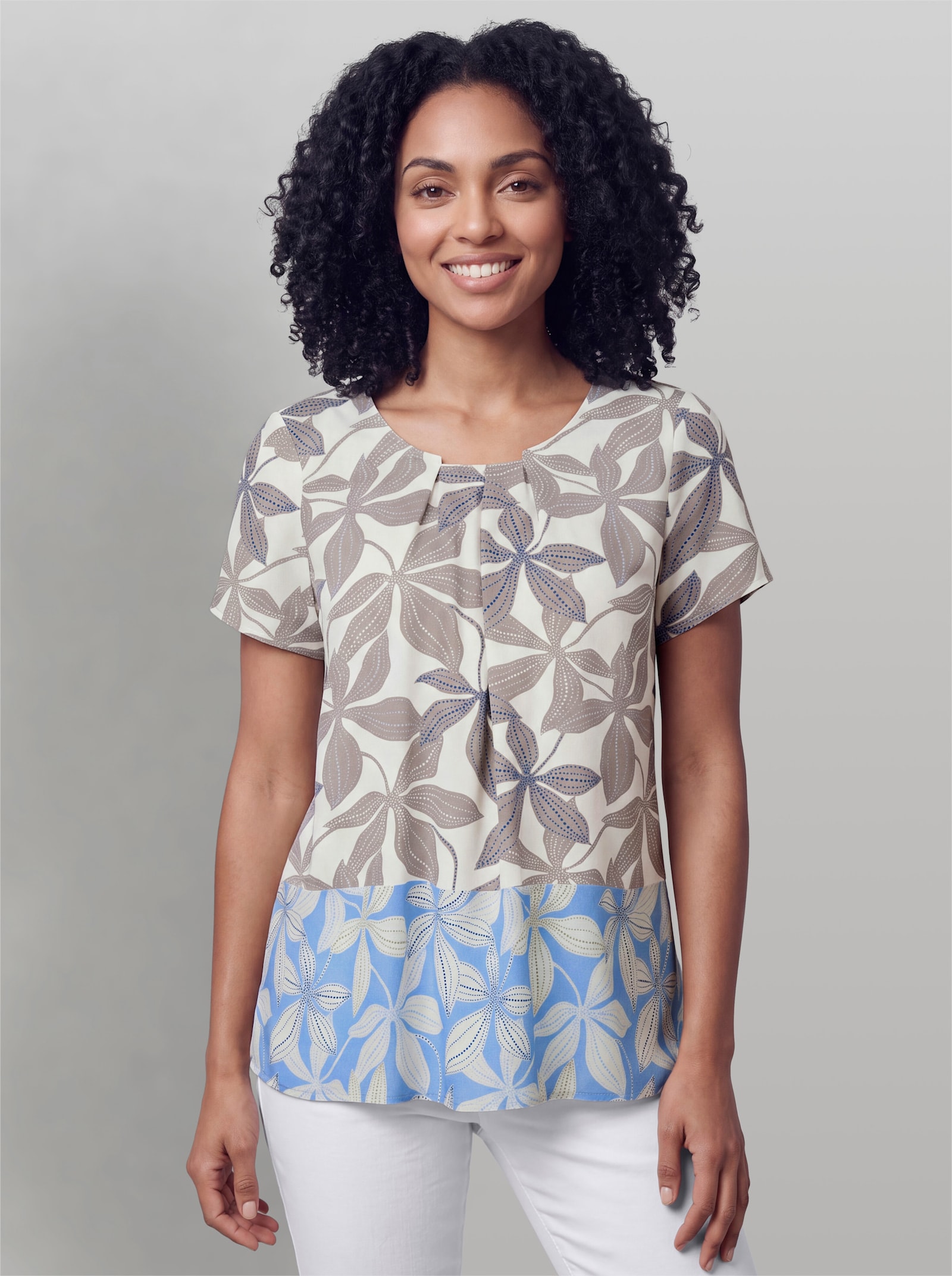 heine Druckbluse mit Seitenschlitzen - taupe-himmelblau-bedruckt