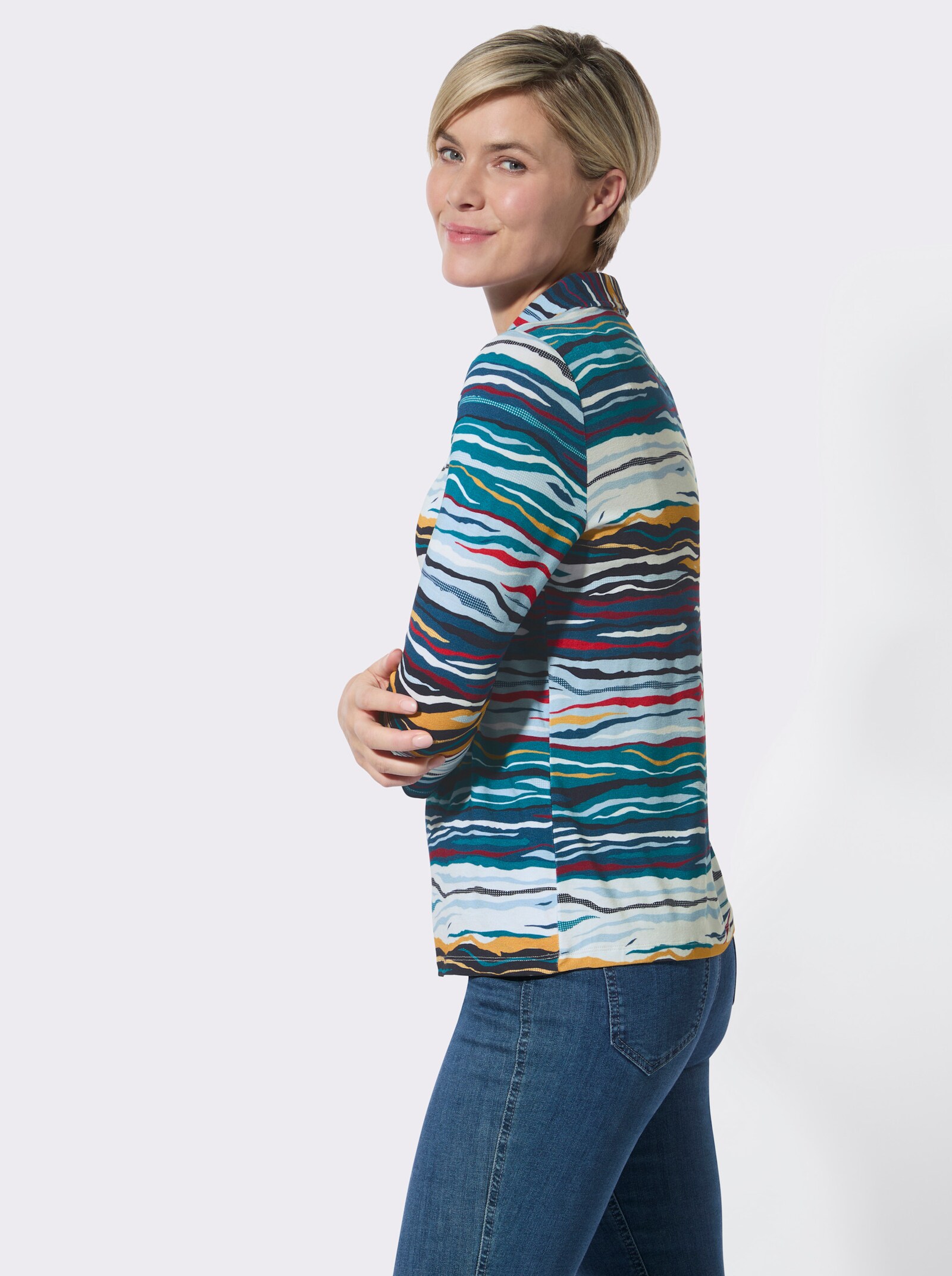 3/4-Arm-Shirt mit grafischem Muster - weiß-jeansblau-bedruckt
