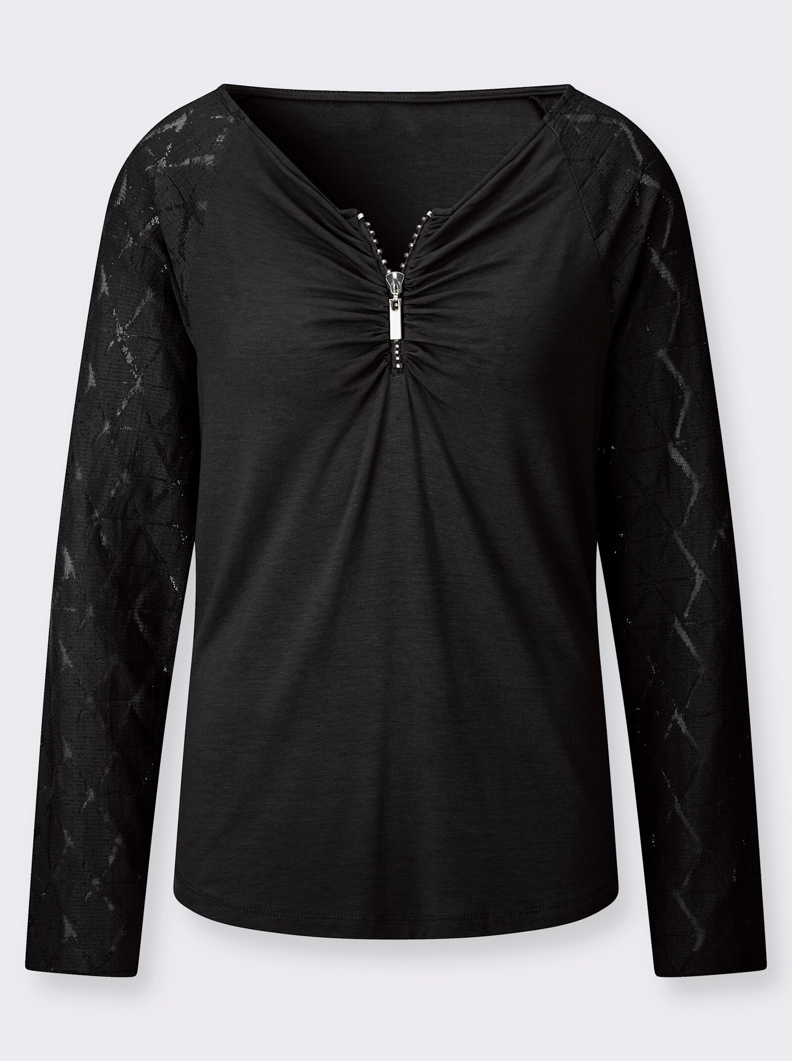 Spitzenshirt mit Reißverschluss - schwarz