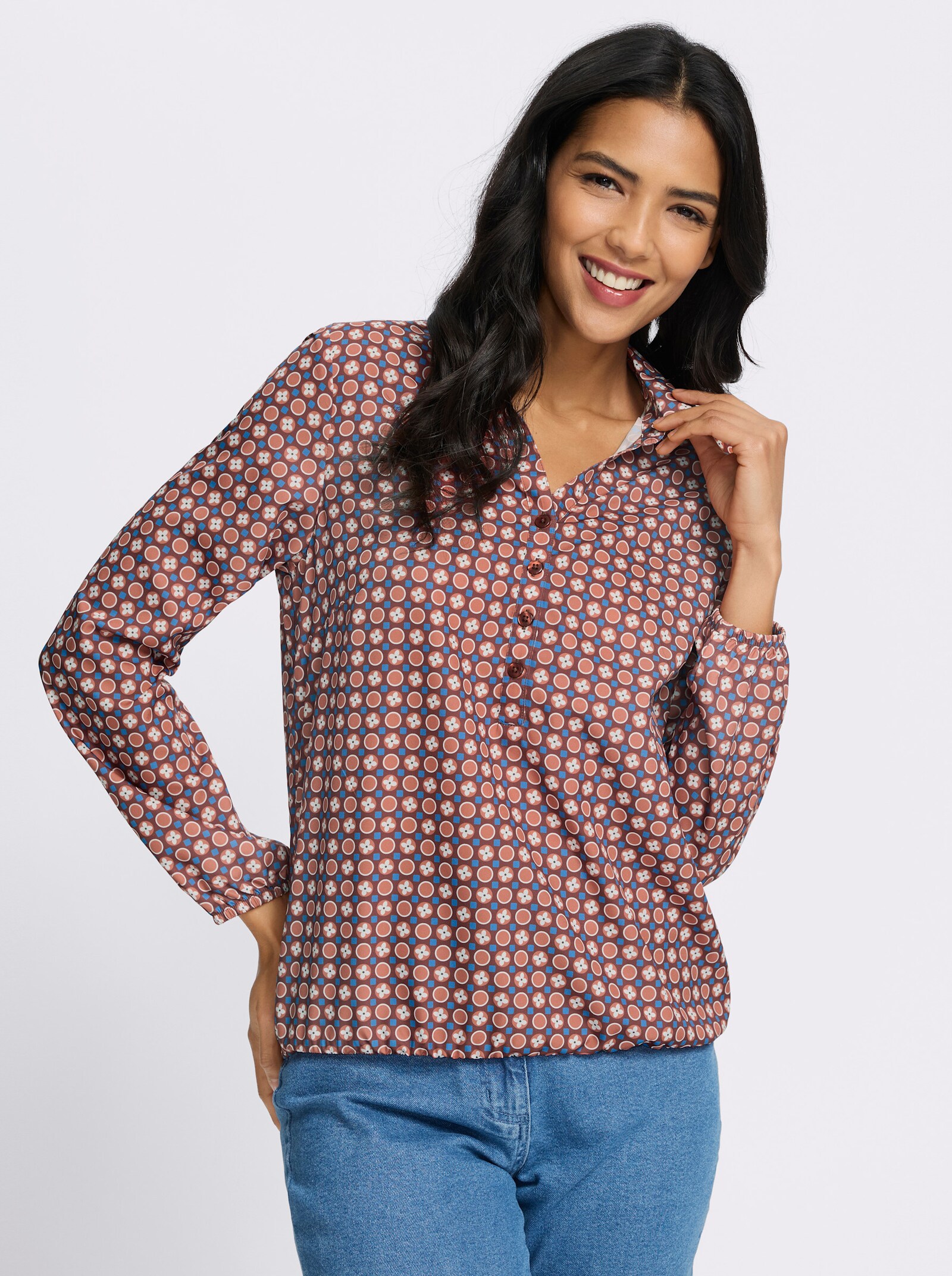 Schlupfbluse mit Gummibündchen - rotbraun-papaya-bedruckt