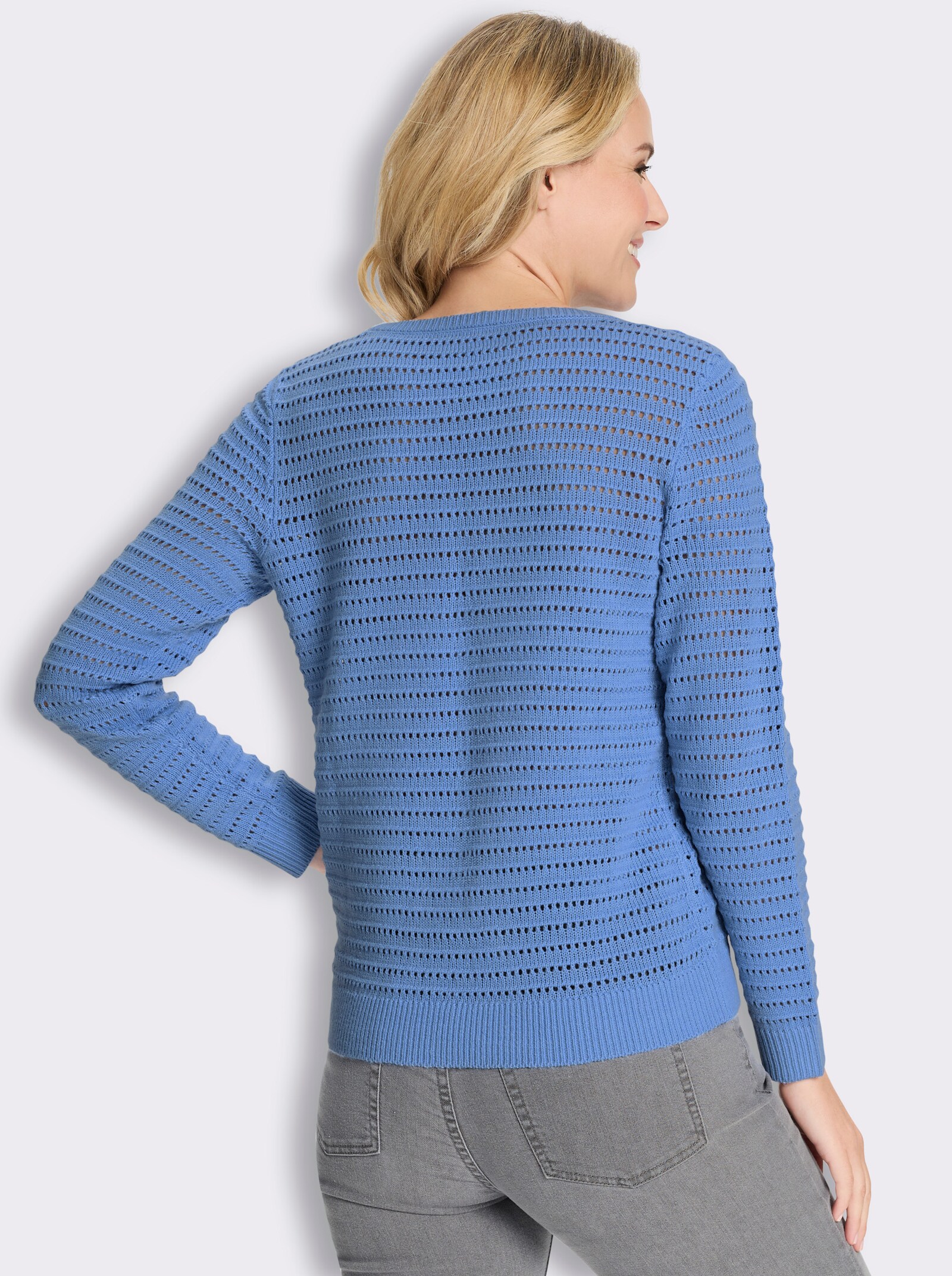 Ajourpullover mit Rippabschlüssen - himmelblau