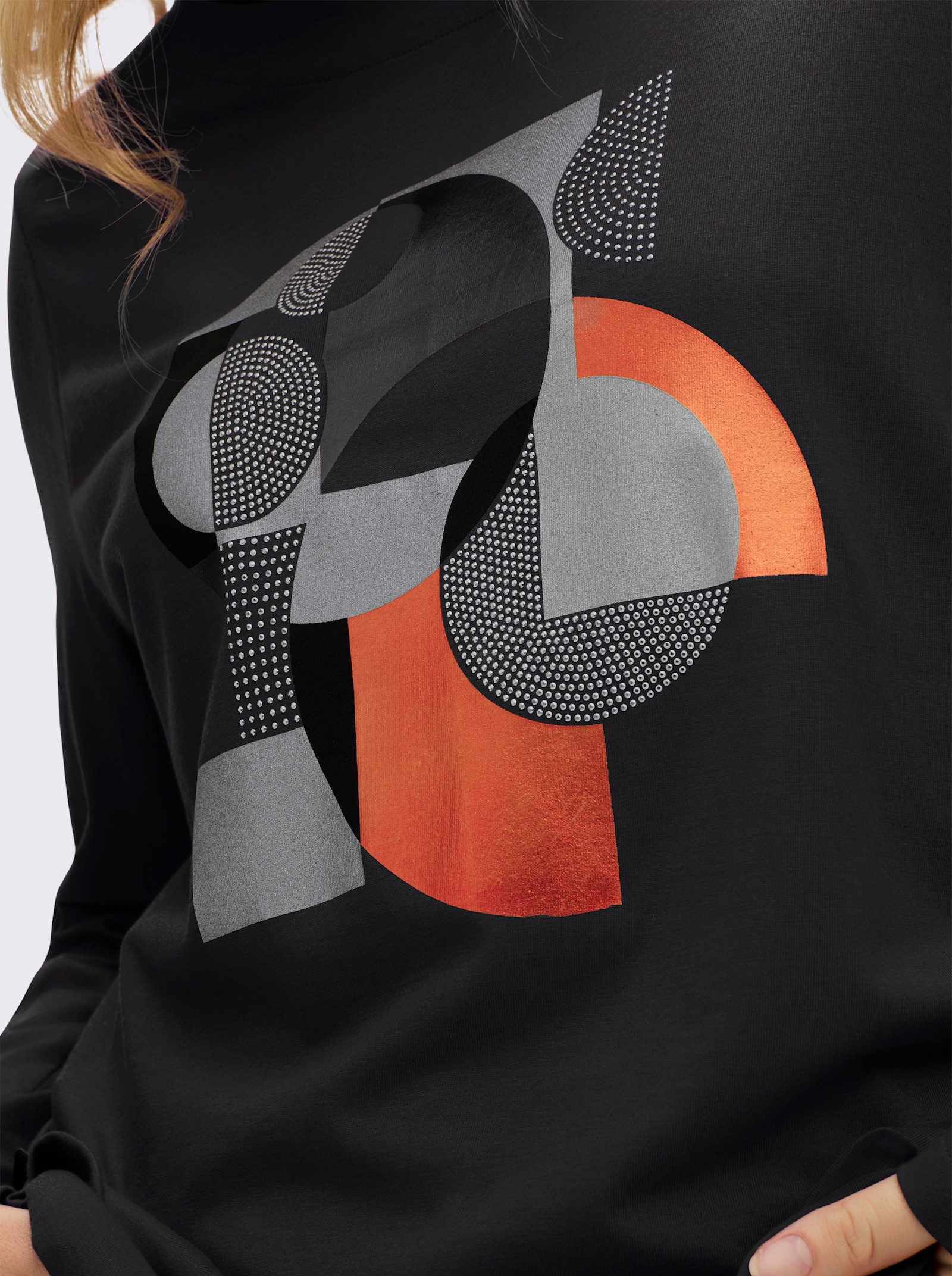 sheego Langarmshirt mit Grafikprint und Glitzersteinchen - schwarz-silberfarben-bedruckt