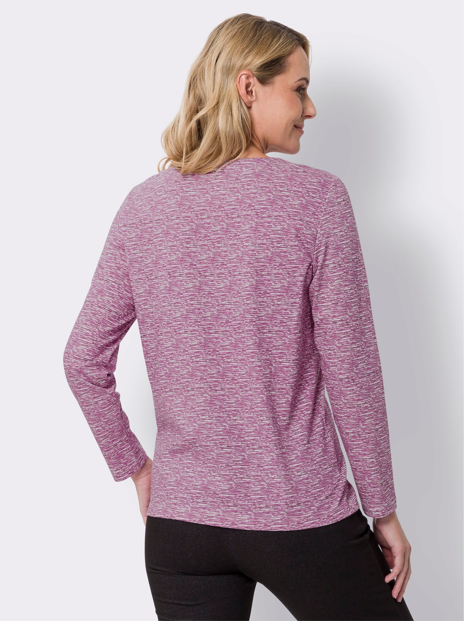 Langarmshirt mit Bindeband am Ausschnitt - violett-ecru-bedruckt