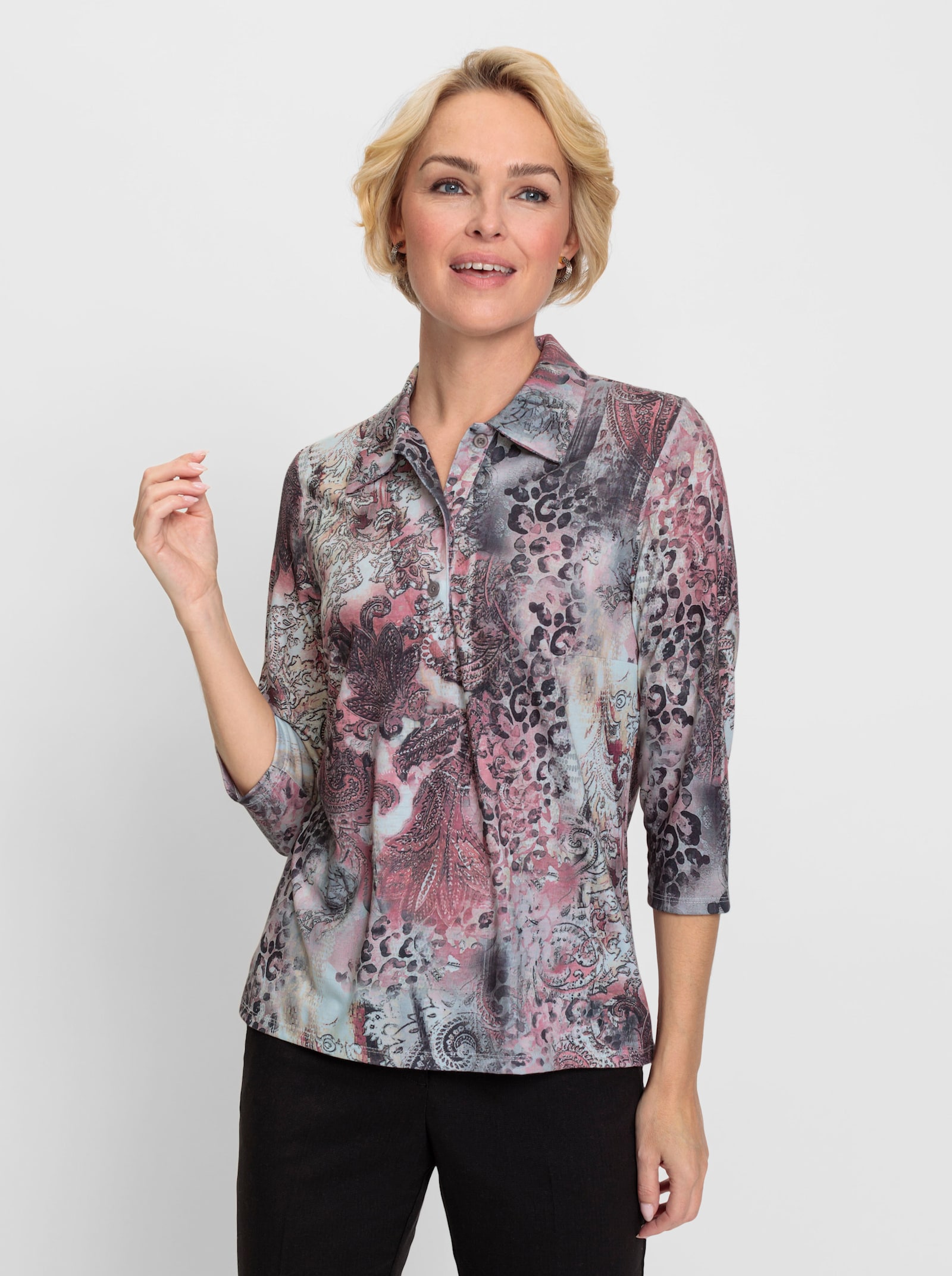 Poloshirt in bewegungselastischer Stretch-Qualität - rosenquarz-steingrau-bedruckt