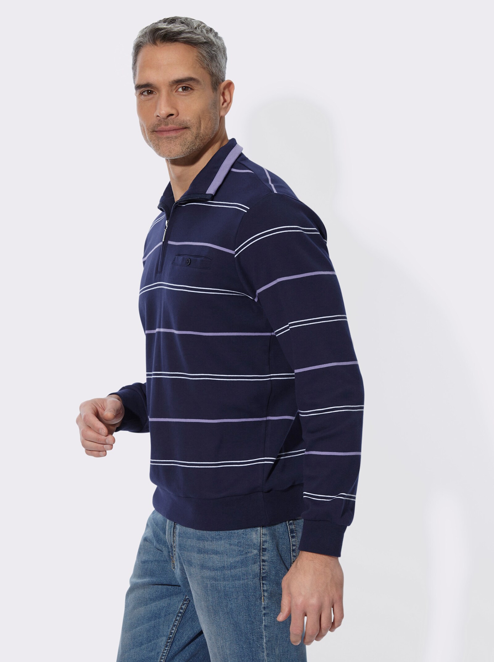 Sweatshirt mit Brusttasche - marine-lavendel-geringelt