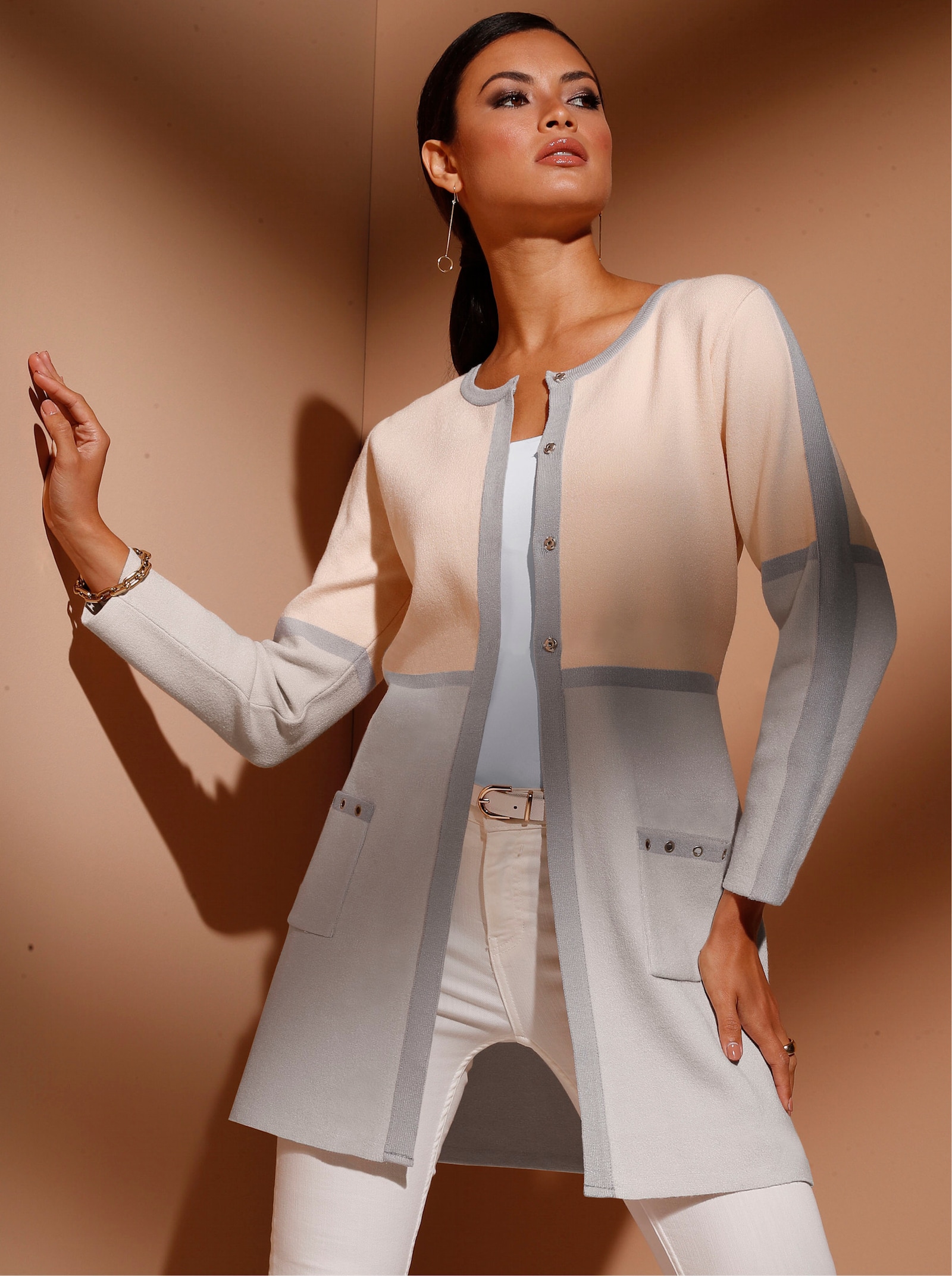 Cardigan mit Kontrast-Streifen - beige-grau