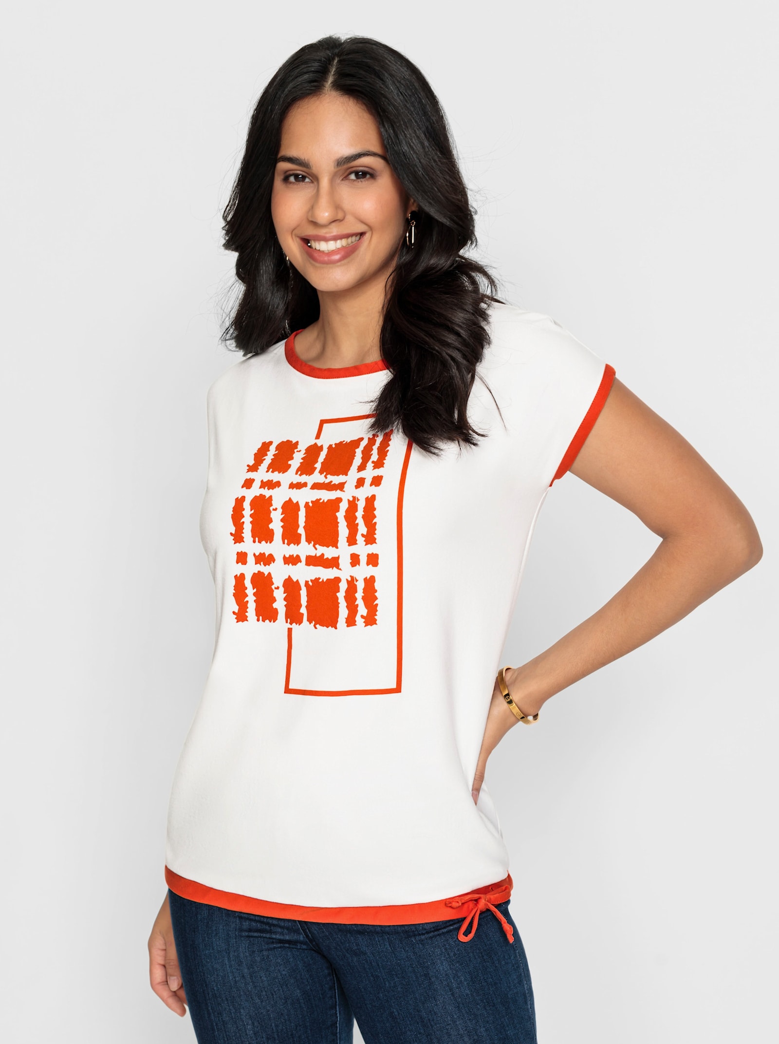 Print-Shirt mit U-Boot-Ausschnitt - ecru-orange-bedruckt