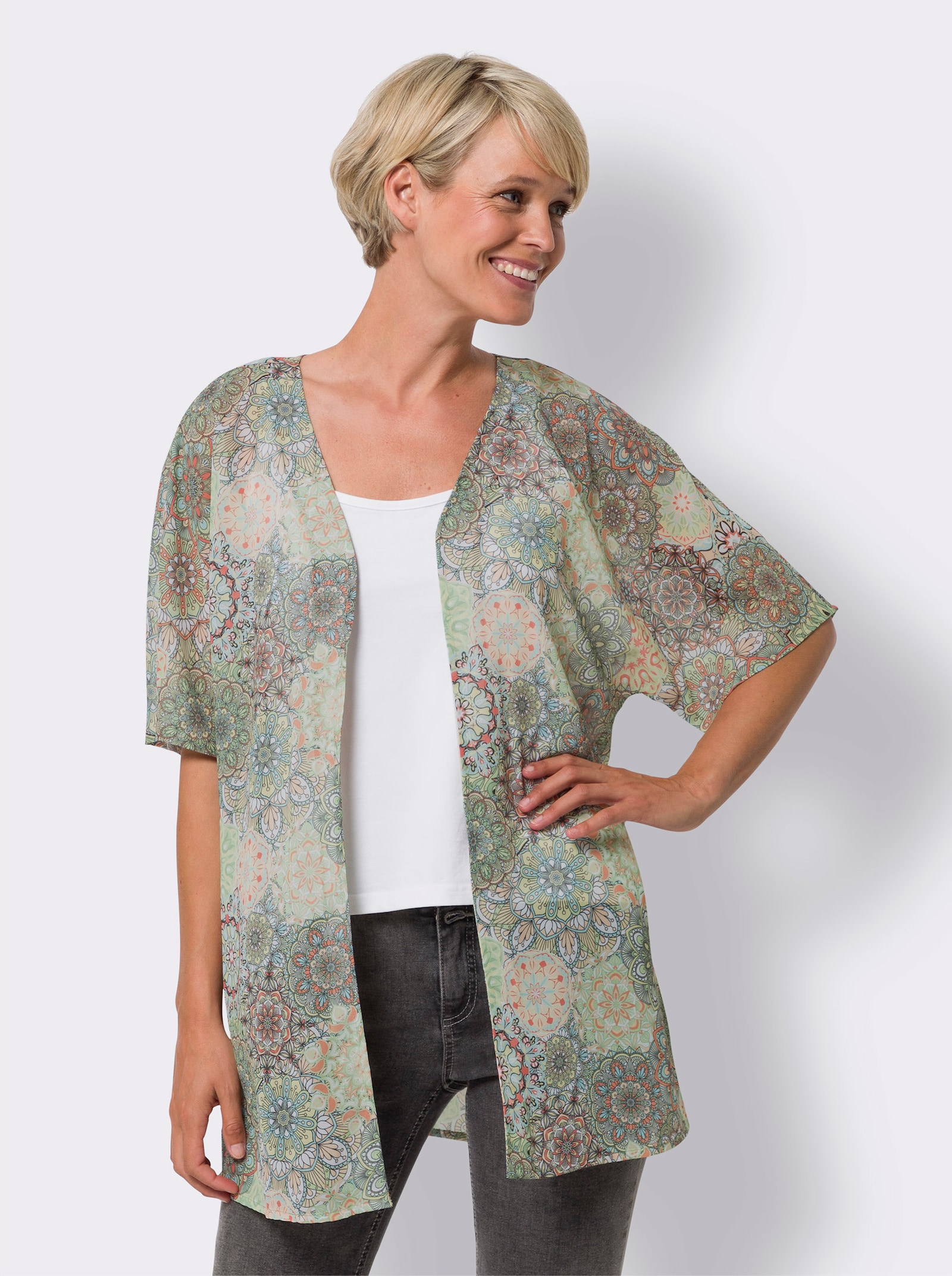 Kaftan in lang model - resedagroen/papaya bedrukt