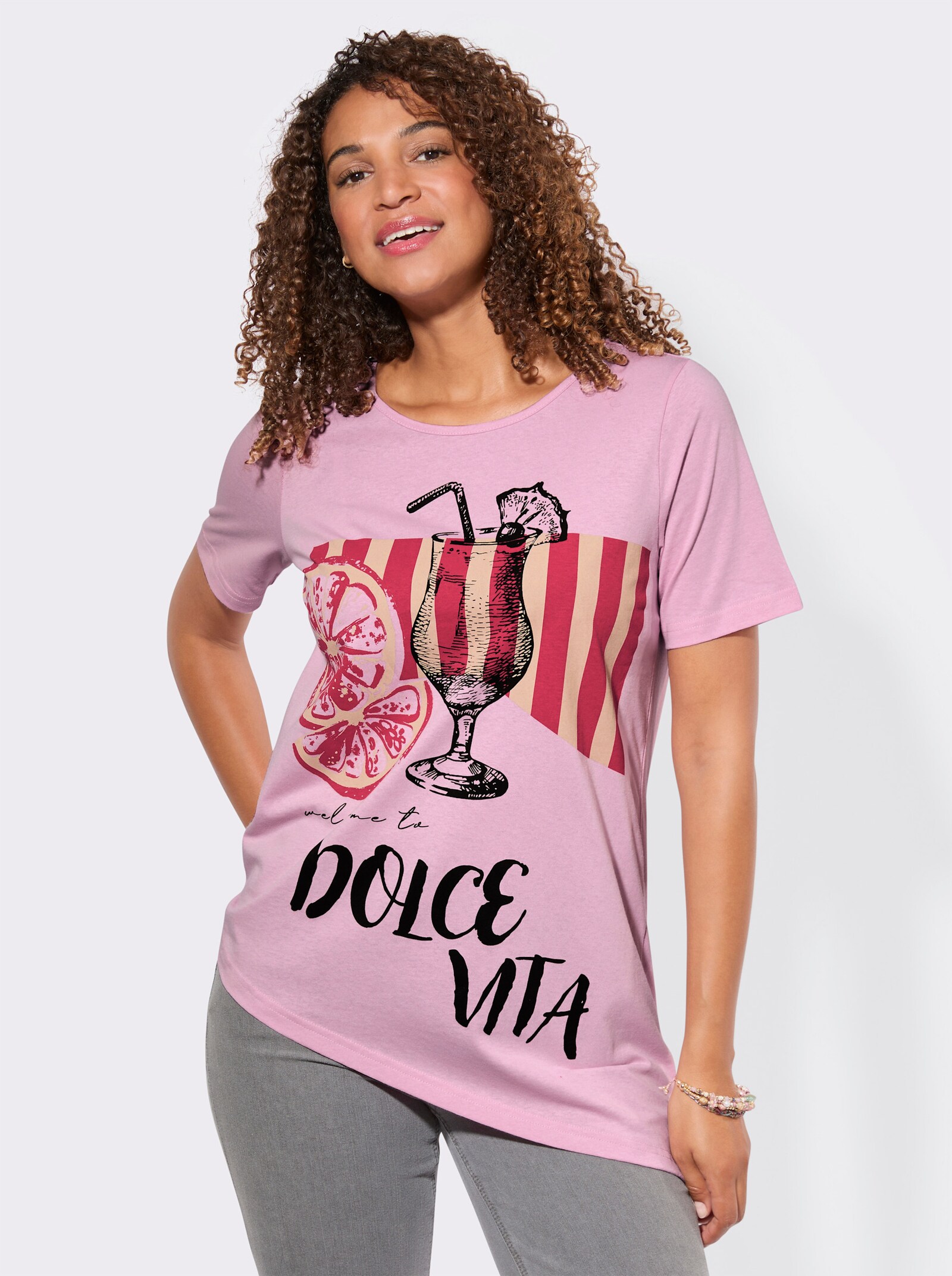 Kurzarmshirt mit asymmetrischem Saum - rosé-bedruckt