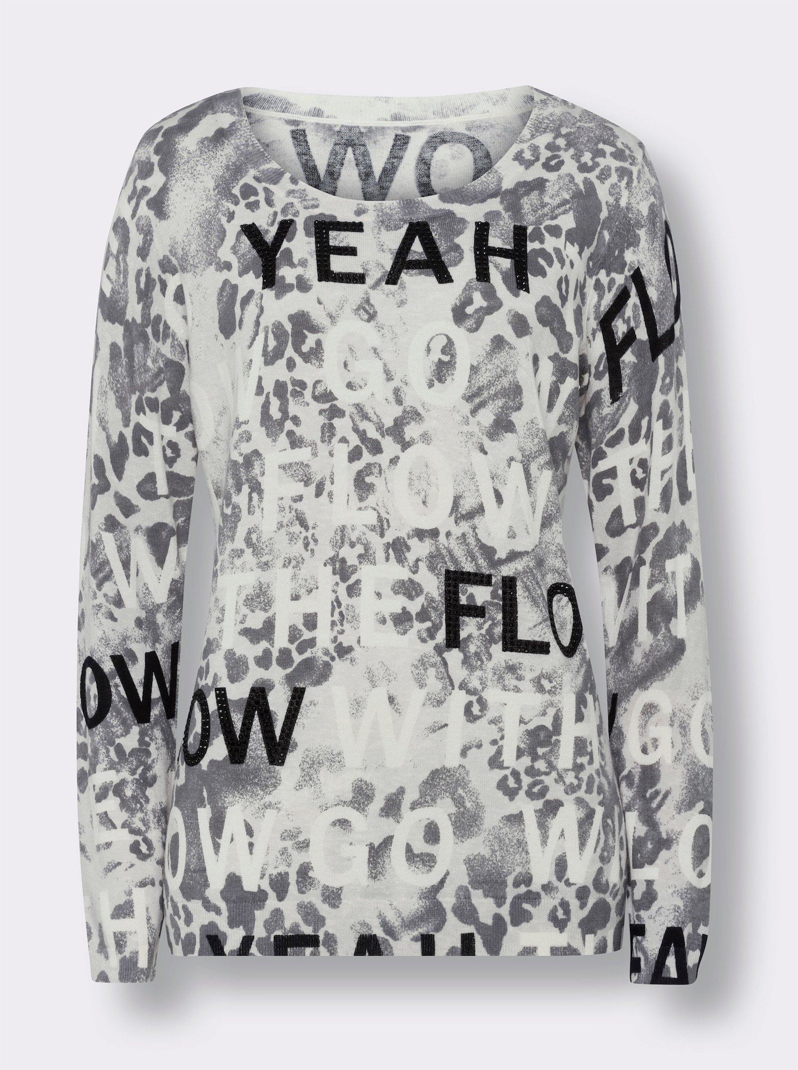 heine Langarm-Pullover mit Ziersteinen - hellgrau-schwarz-bedruckt