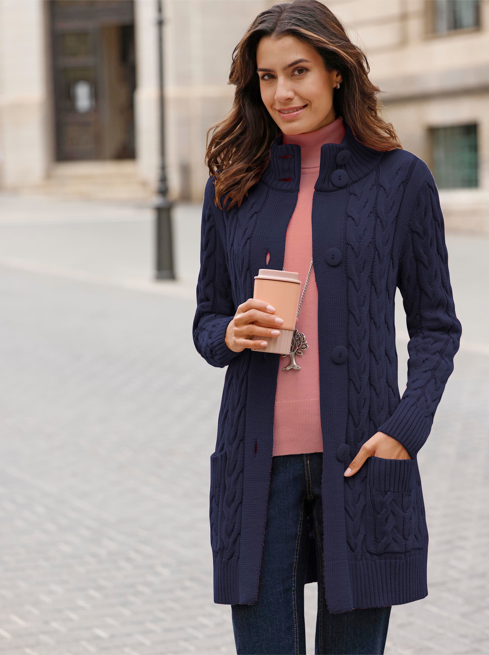 Lång kofta med flätmönster - marin