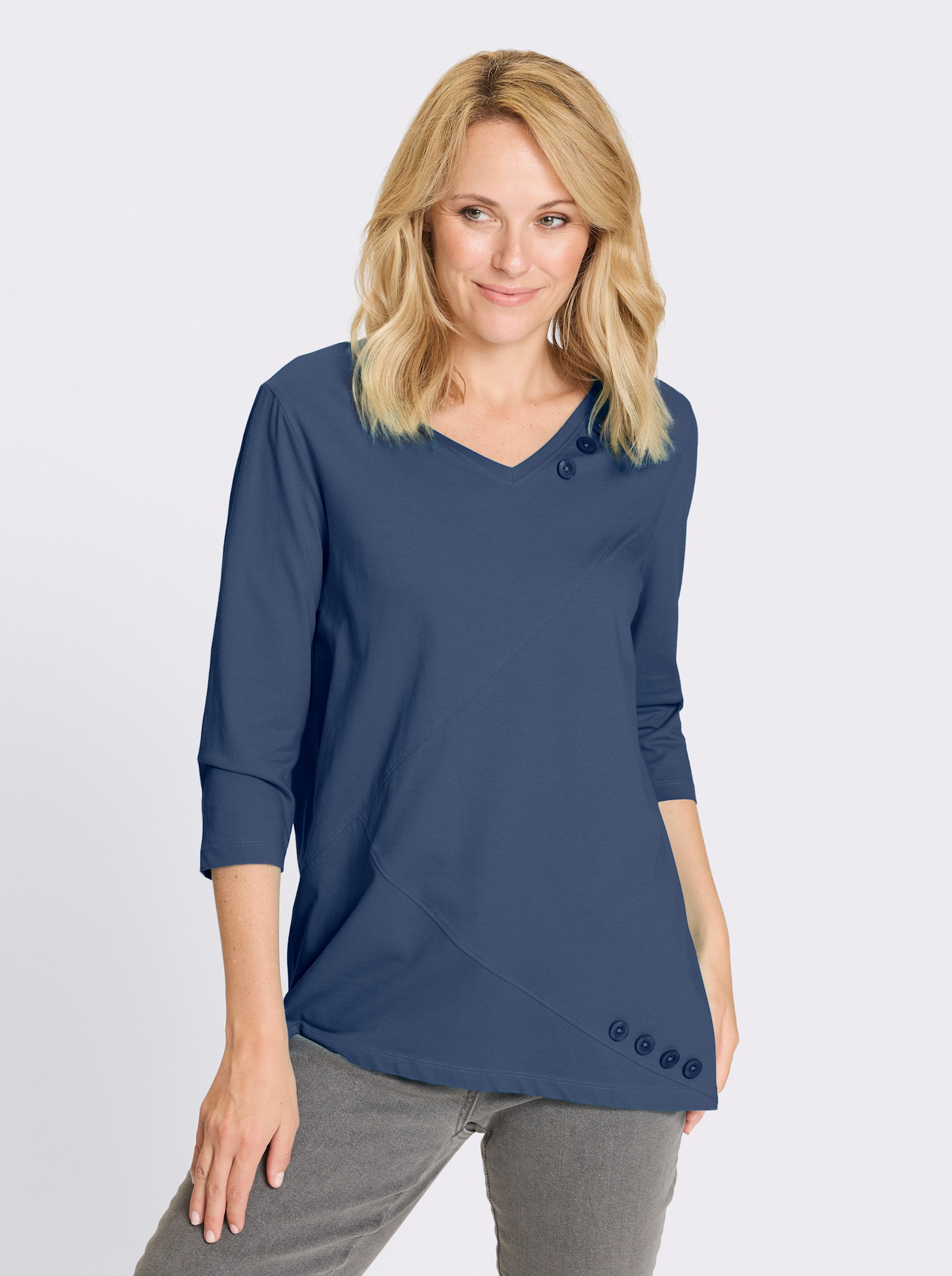 Lang shirt met asymmetrische zoom - jeansblauw