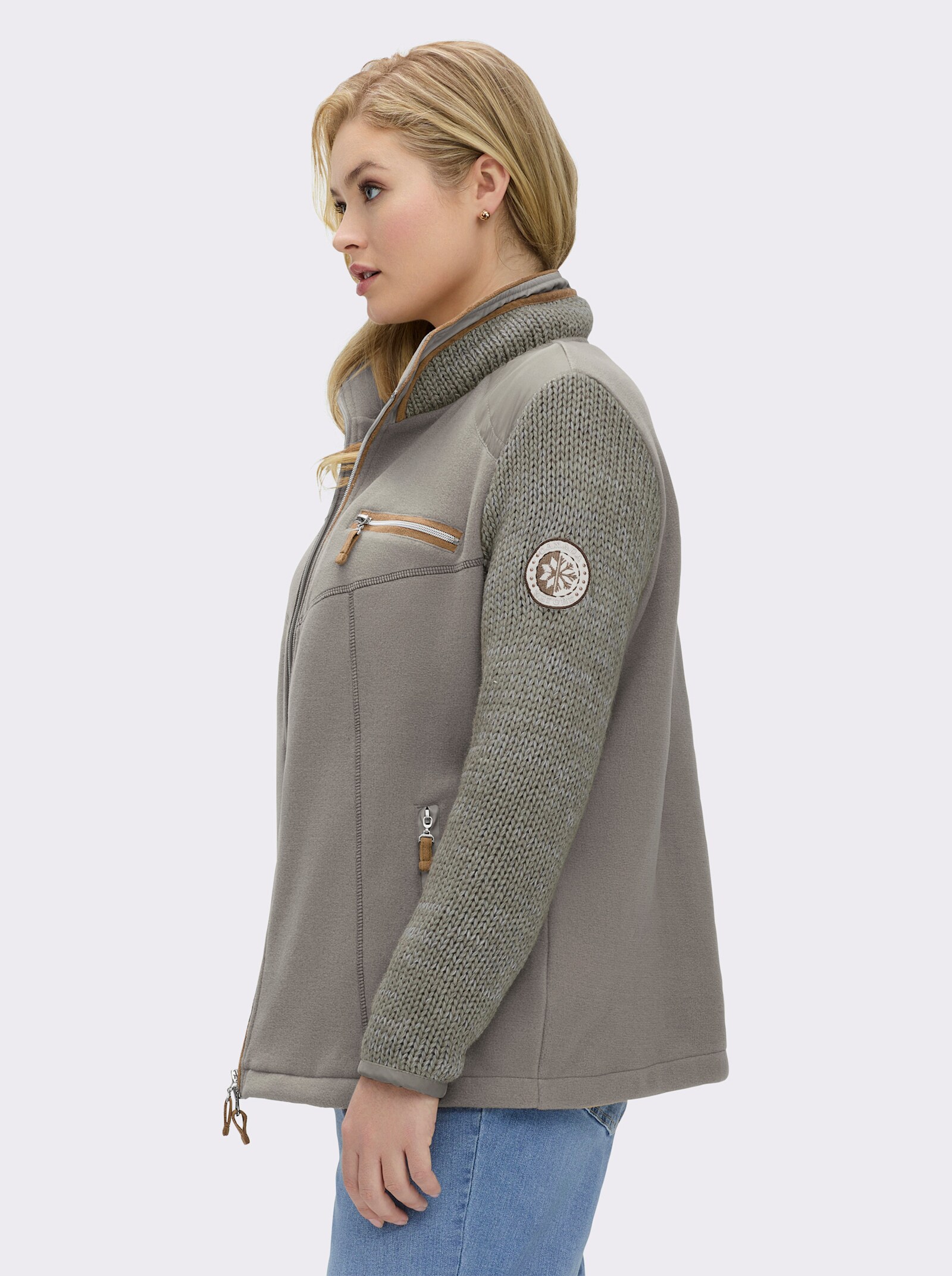 Fleecejacke im Mix aus Fleece und Strick - taupe-ecru-meliert