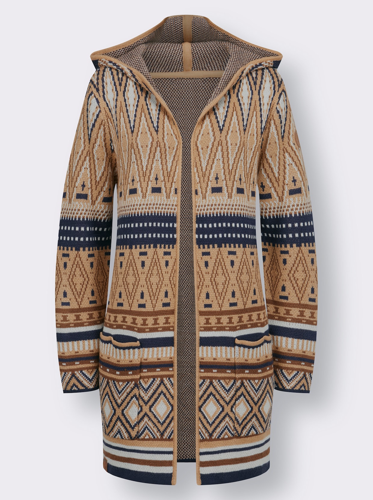 Long-Strickjacke - camel-marine-gemustert