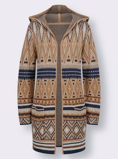 Lang gebreid vest - camel/marine gedessineerd