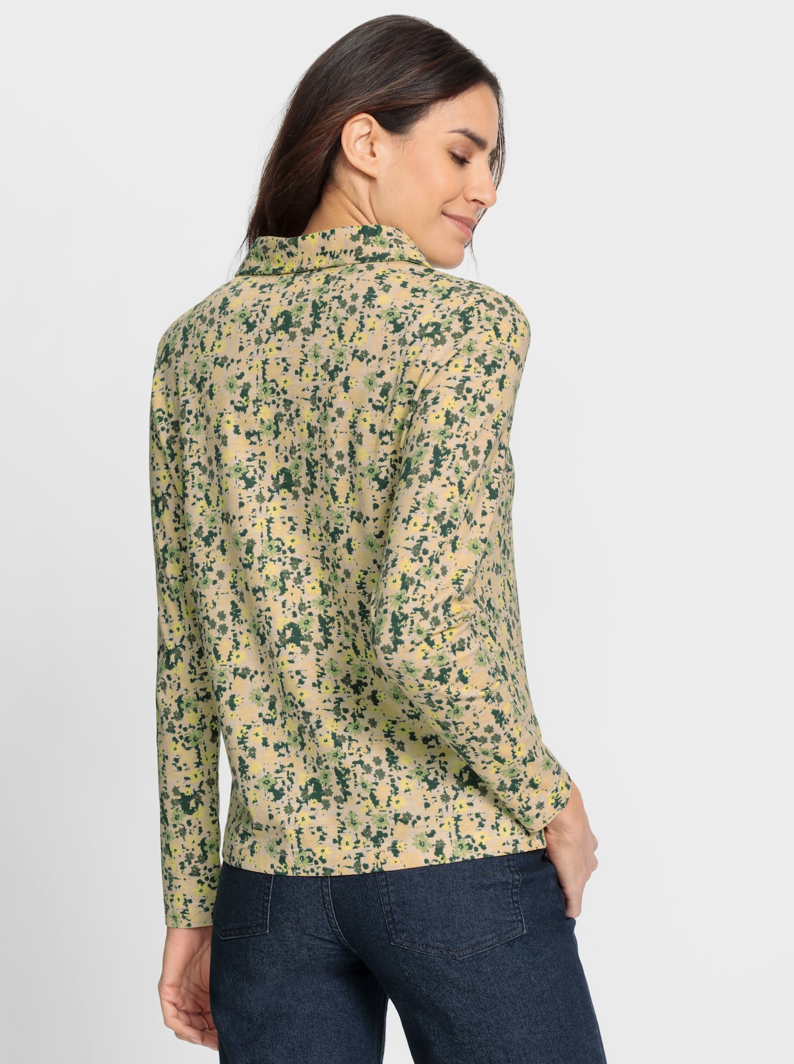 Langarm-Poloshirt mit Knopfleiste - elfenbein-zitrone-bedruckt