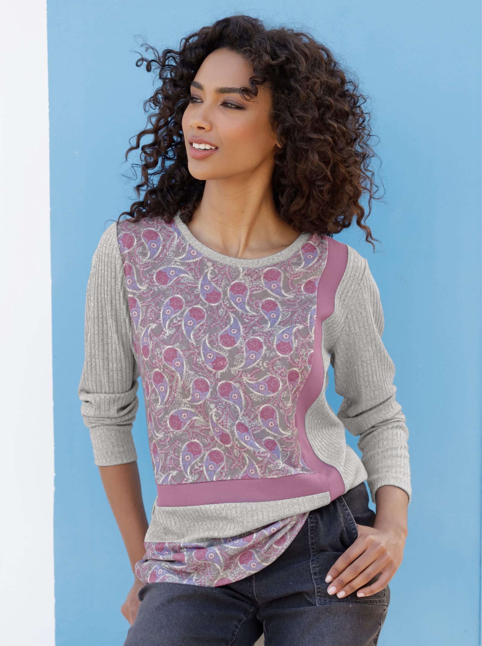 heine Langarmshirt in Patch-Optik vorne - hellgrau-violett-bedruckt