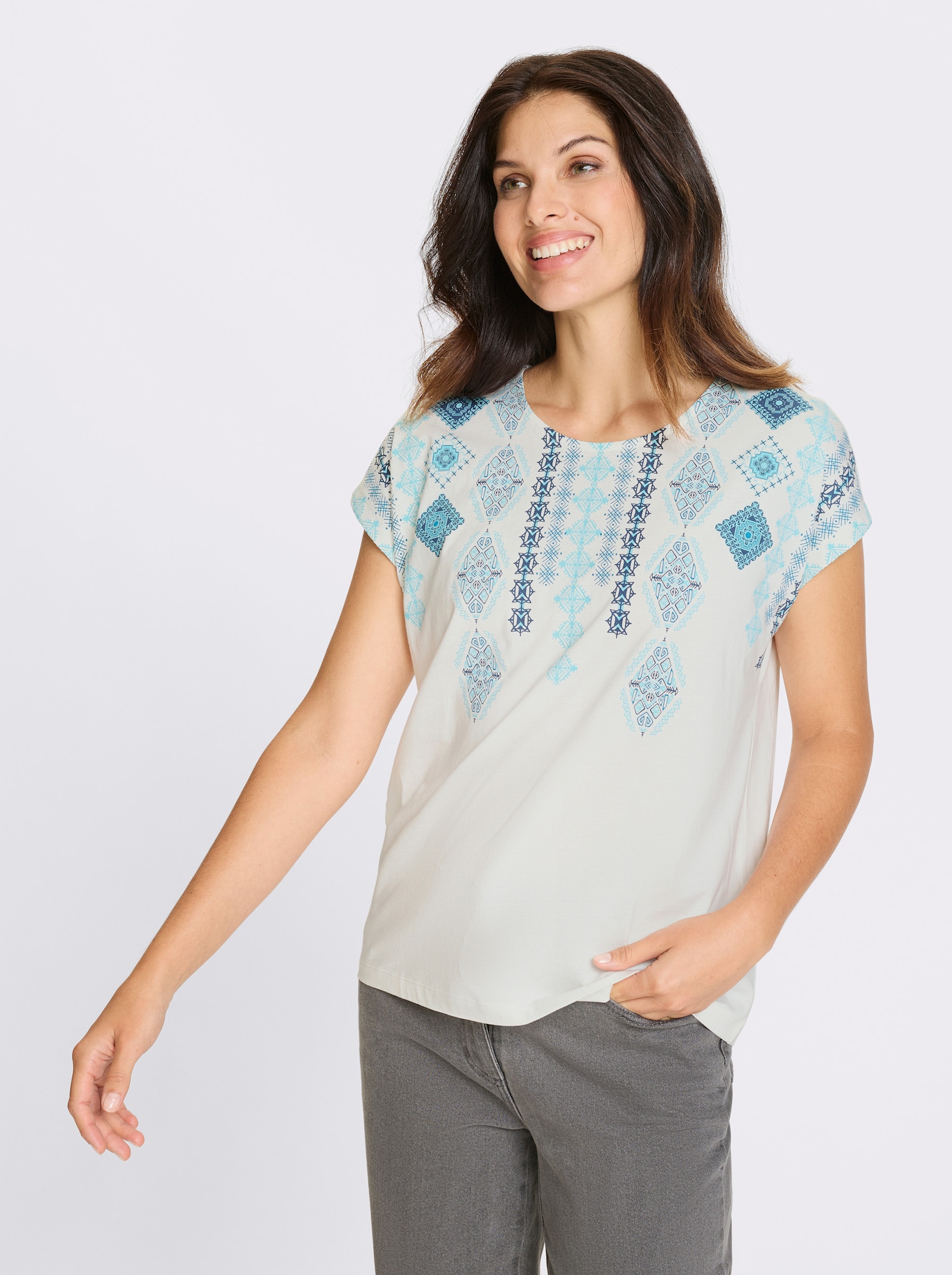 Shirt met korte mouwen en op dessin geplaatste etnoprint - ecru/donkerblauw