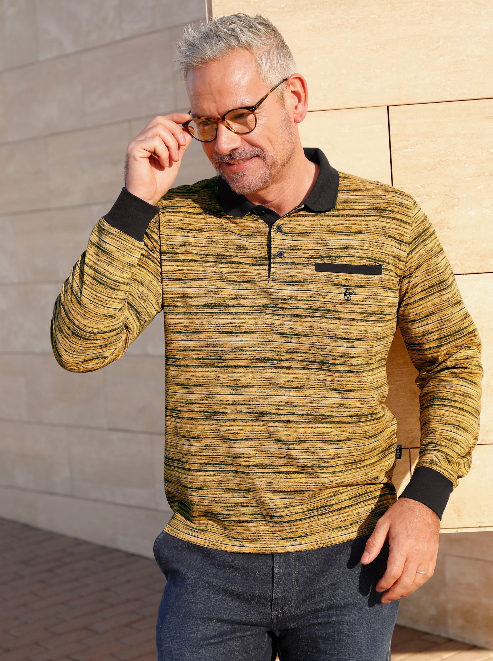 Hajo Langarm-Poloshirt , temperaturausgleichend und bügelfrei - ocker-meliert
