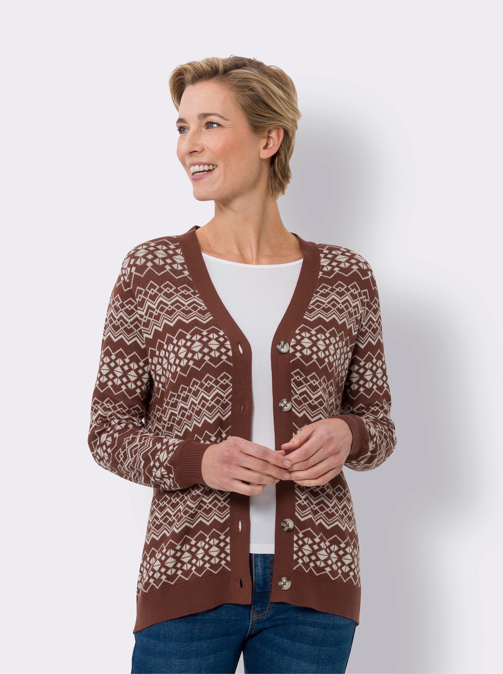 Vest van jacquard in streepjeslook - roodbruin/champagne gedessineerd