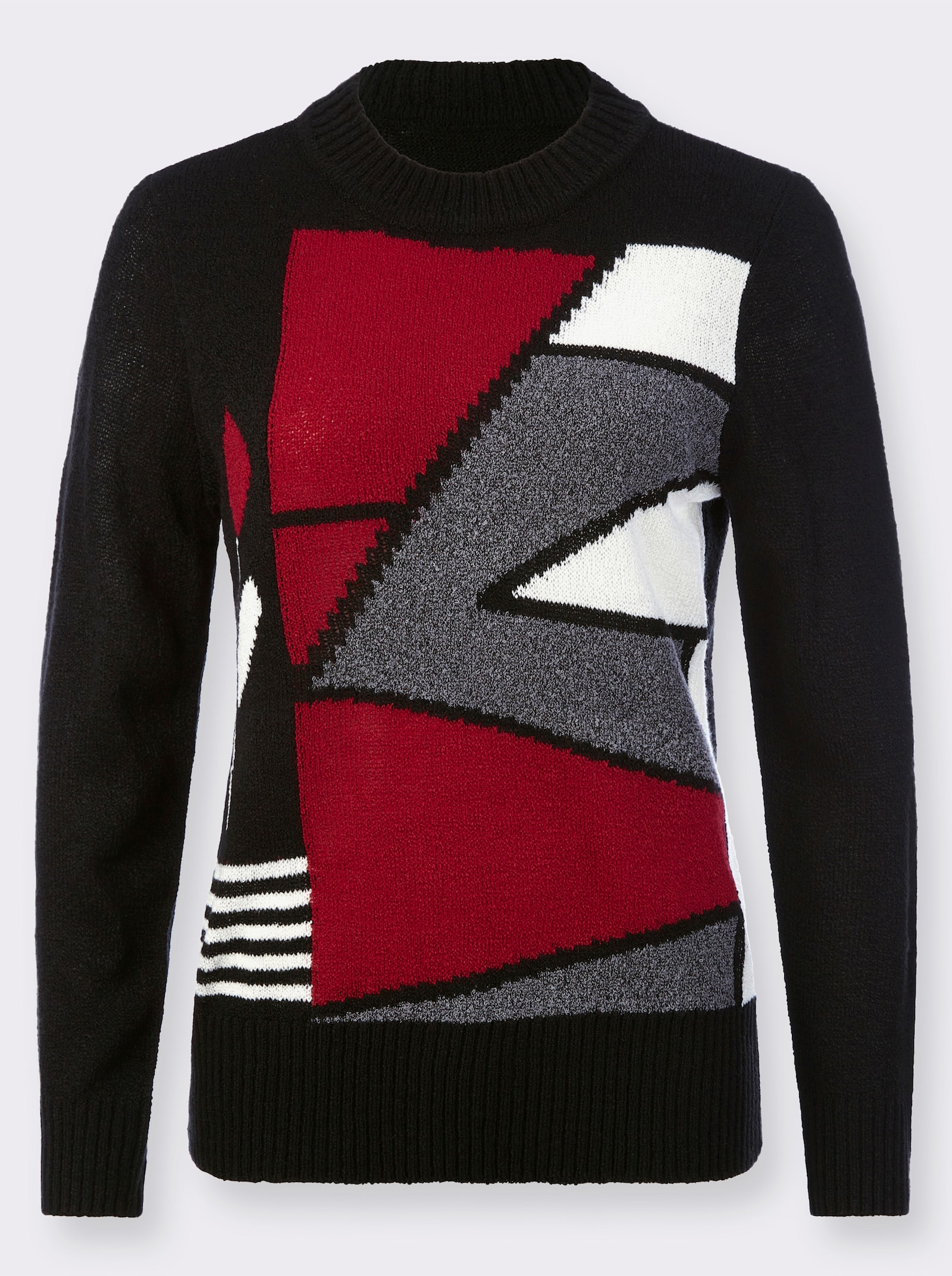 Svetr s kulatým výstřihem s žebrovanými náplety - černá-červená vzor