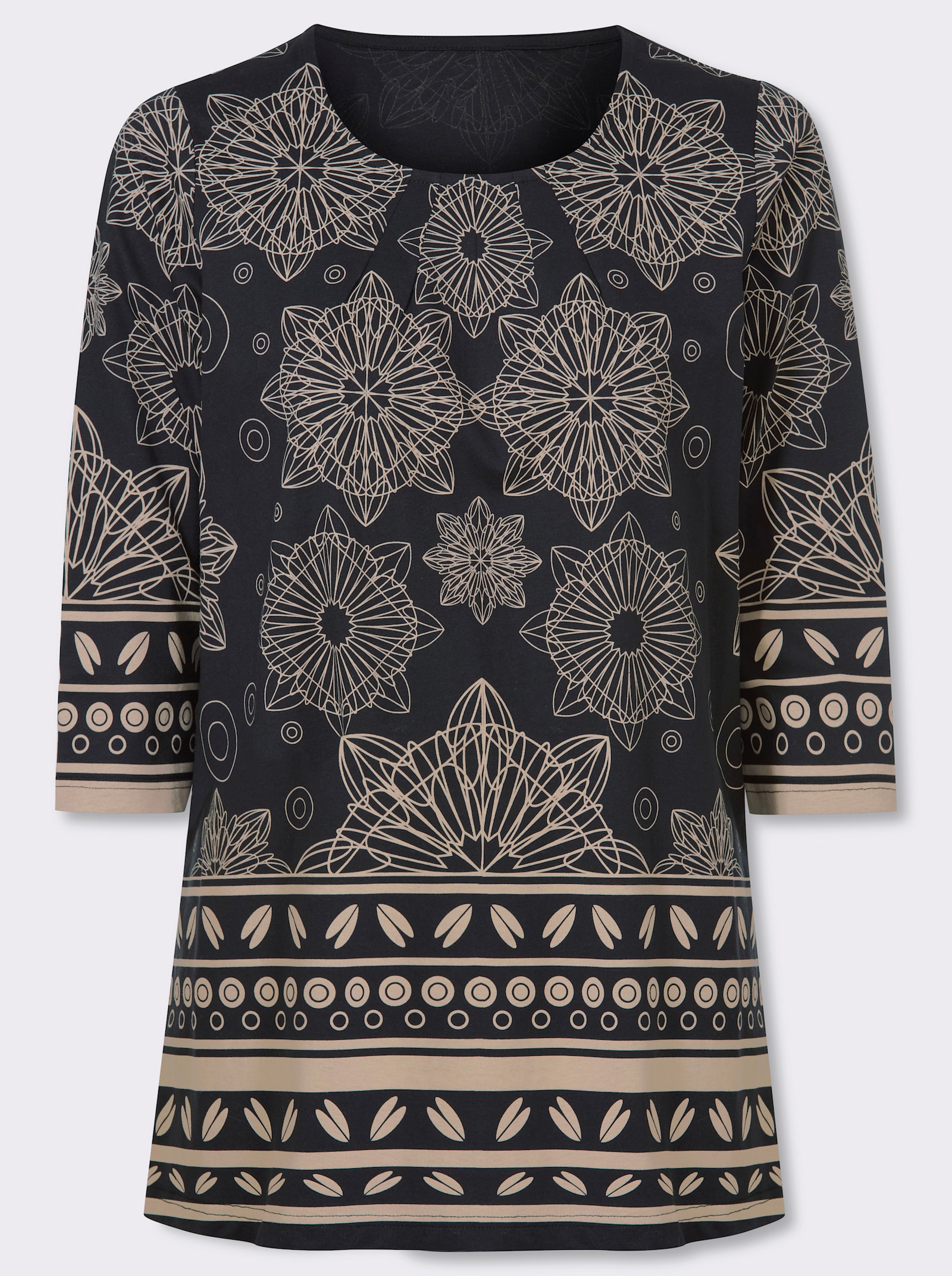 Longshirt mit Bordüren-Druck - schwarz-beige-bedruckt