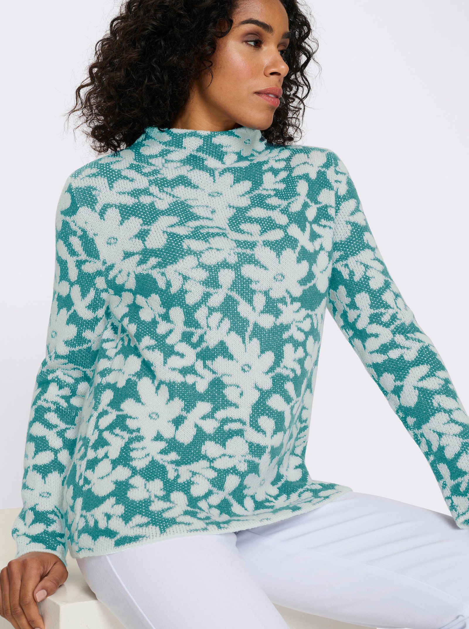 Stehkragenpullover mit Effektgarn - ozean-ecru-gemustert