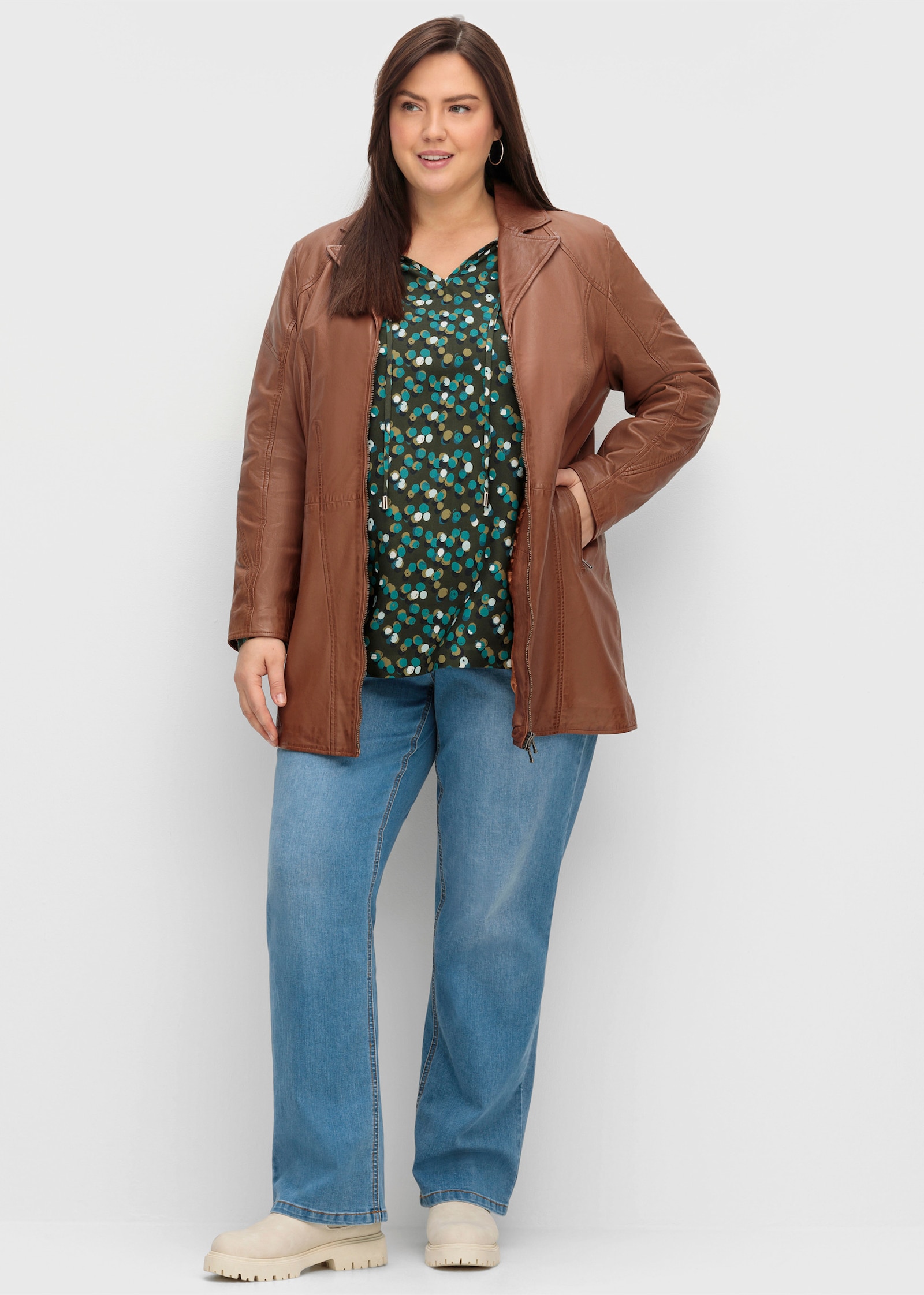 sheego Leren jack in lang, licht getailleerd model - cognac