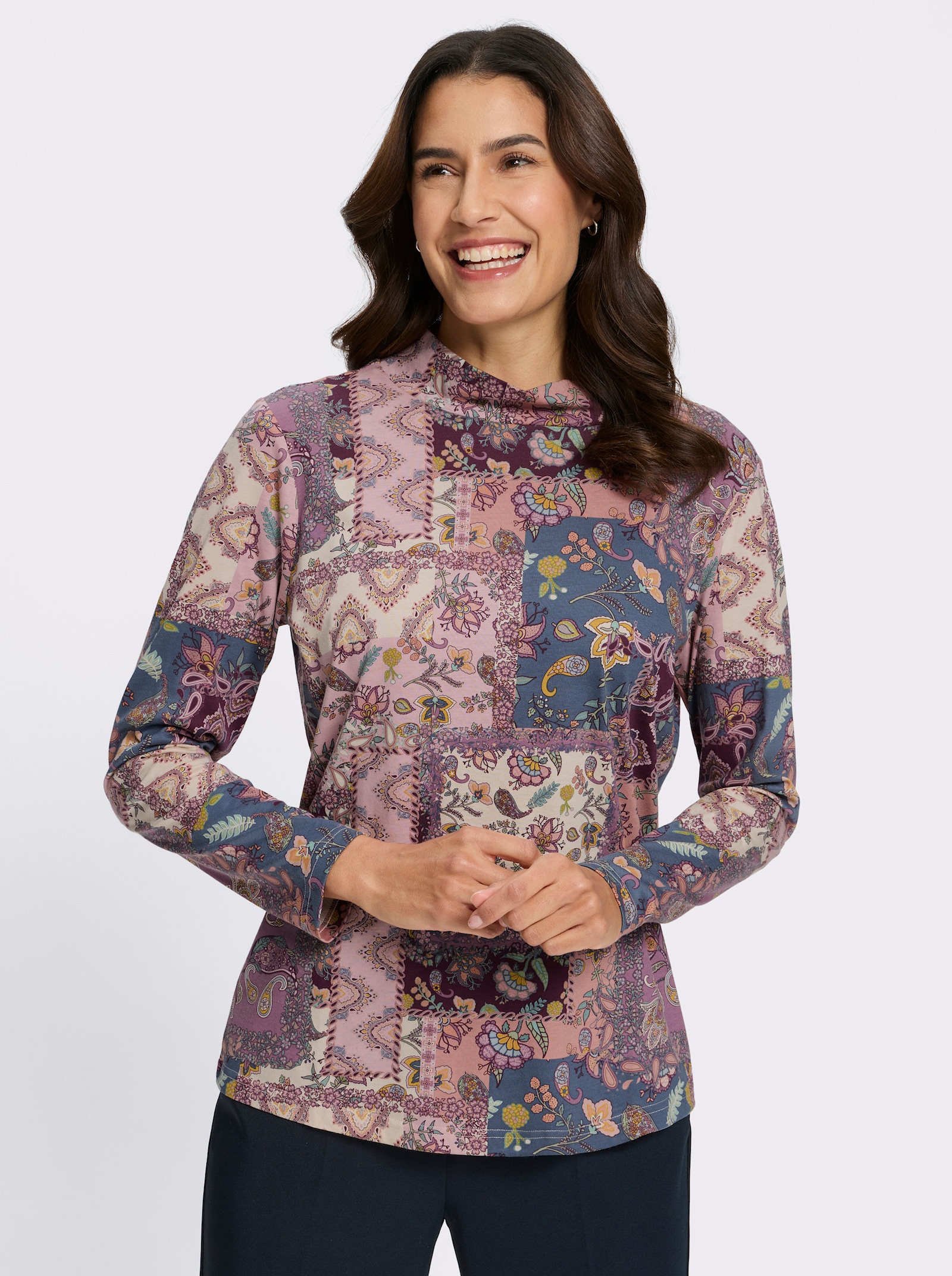 Stehkragenshirt im Patchwork-Dessin - burgund-violett-bedruckt