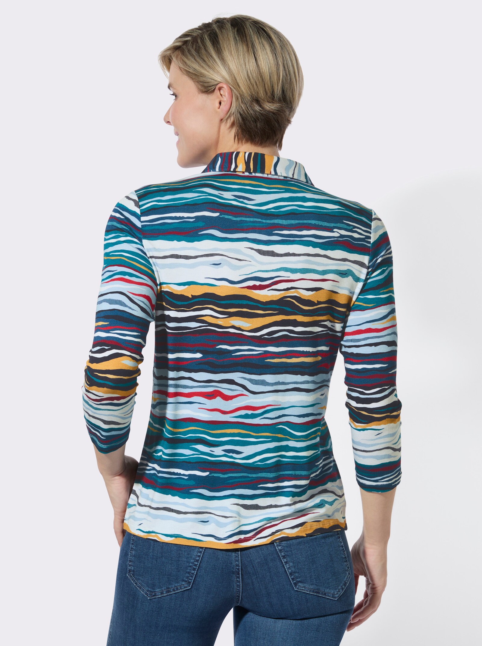 3/4-Arm-Shirt mit grafischem Muster - weiß-jeansblau-bedruckt