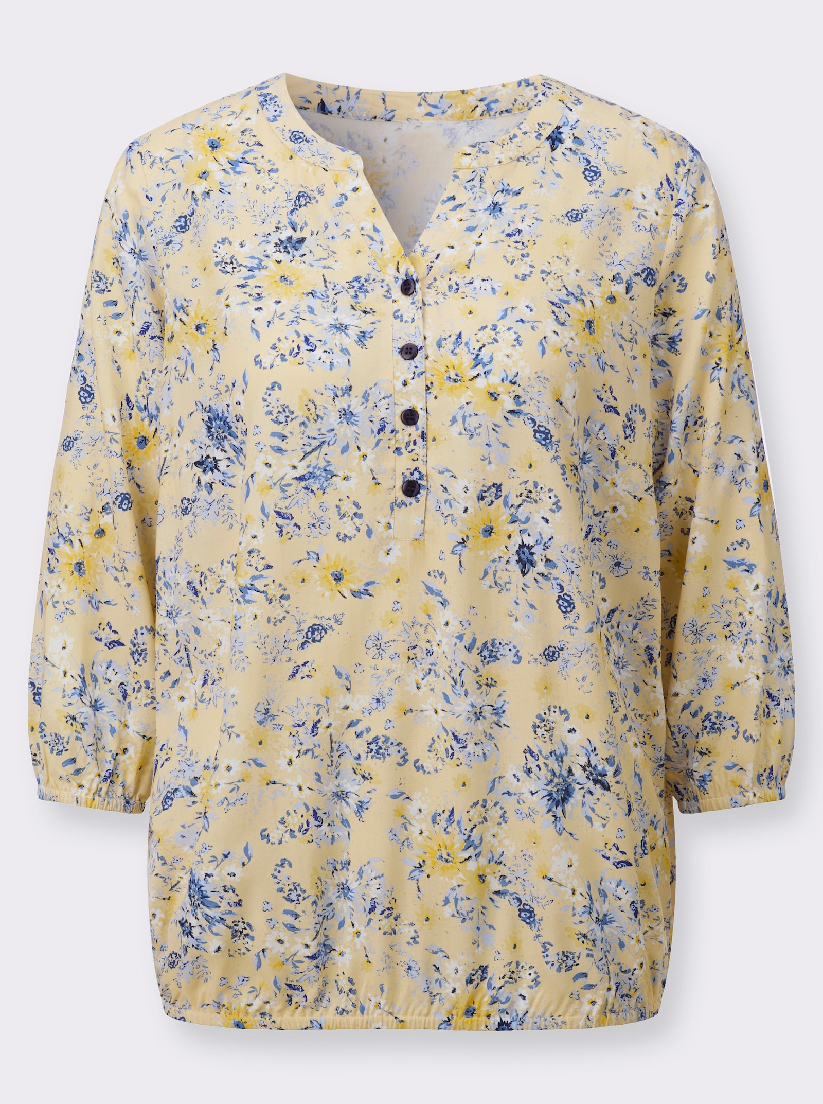 Druckbluse mit elastischem Saum - vanille-rauchblau-bedruckt