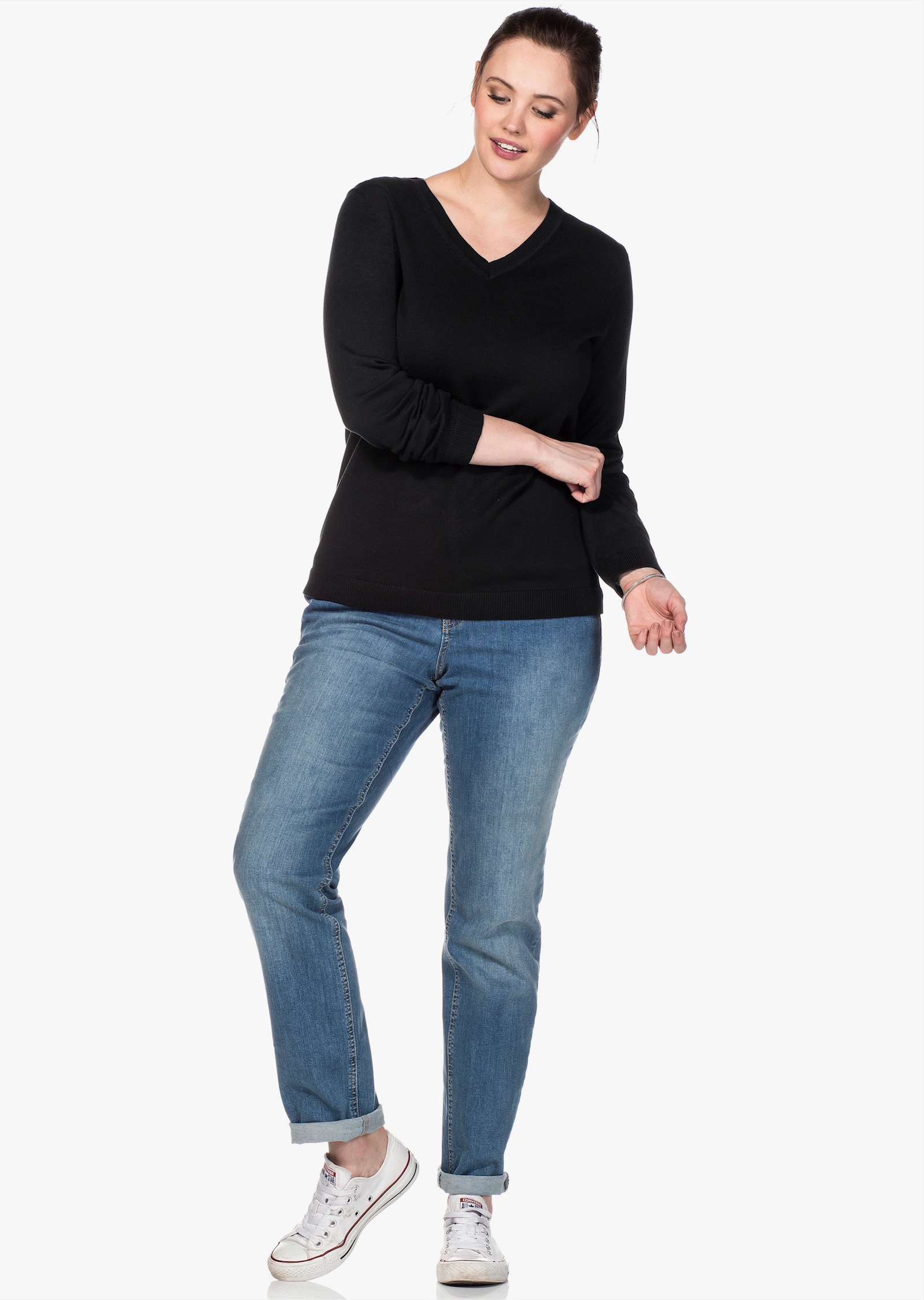 sheego Feinstrickpullover mit V-Ausschnitt - schwarz