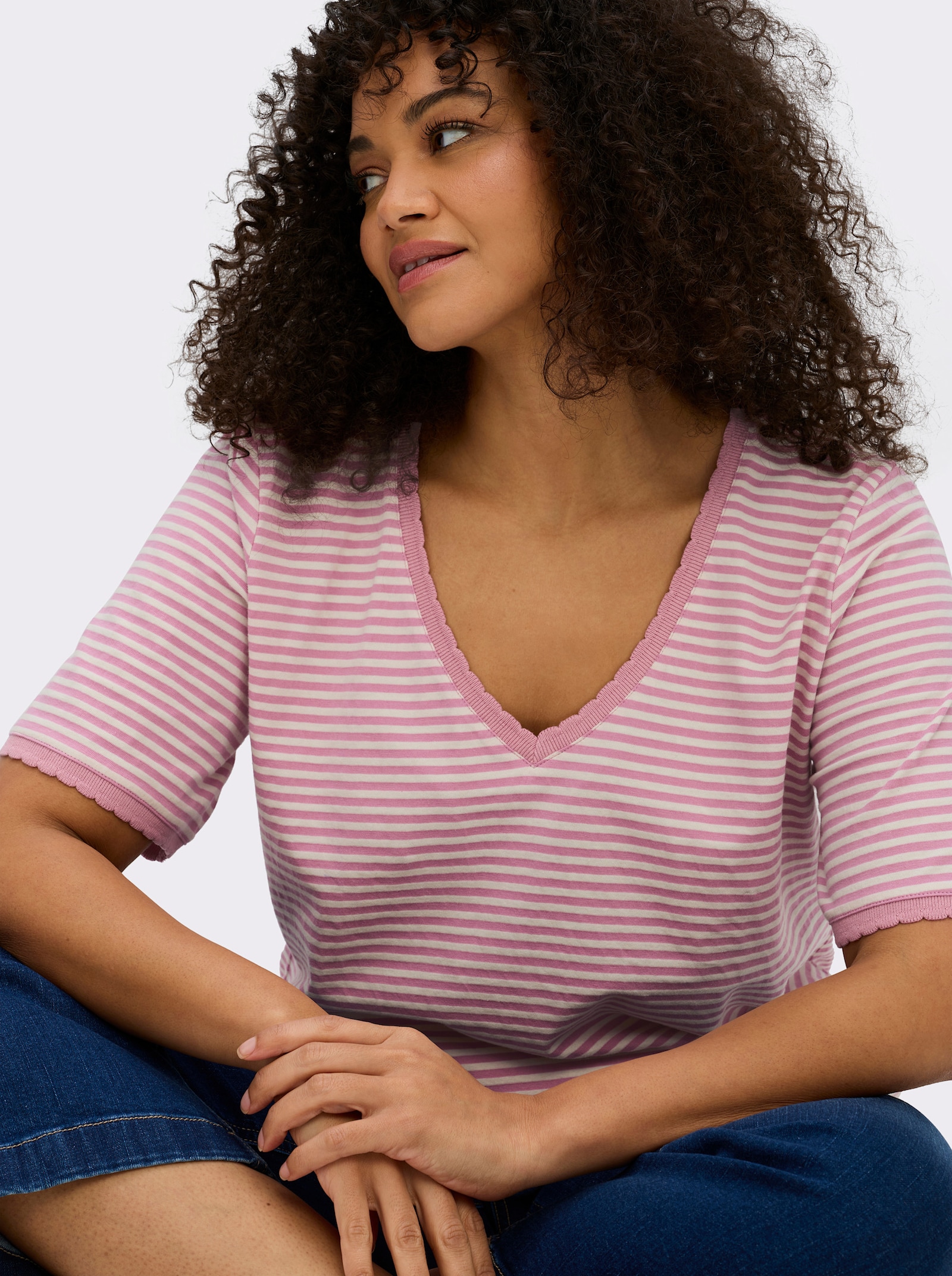 sheego Ringelshirt mit Ajour-Strickband - ecru-altrosa-geringelt