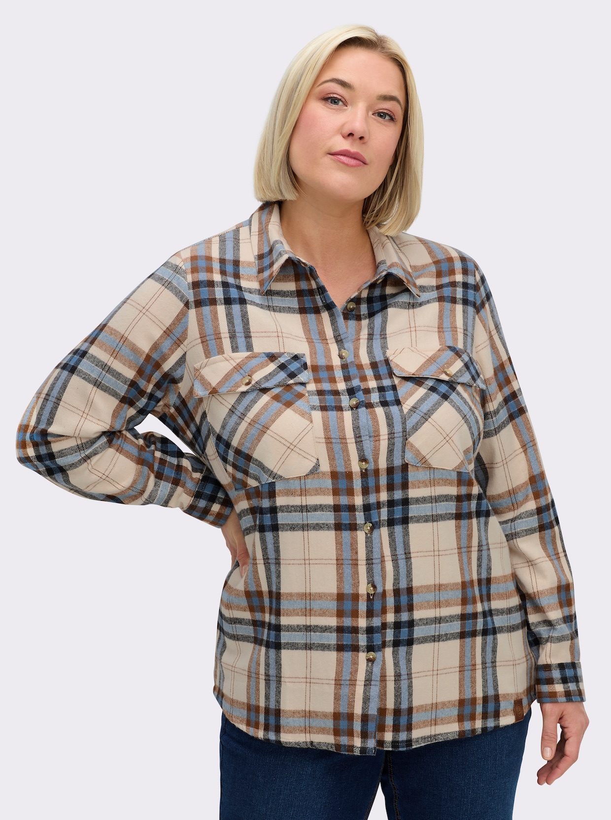 Flanellbluse mit mehrfarbigem Webkaro - mittelblau-elfenbein-kariert