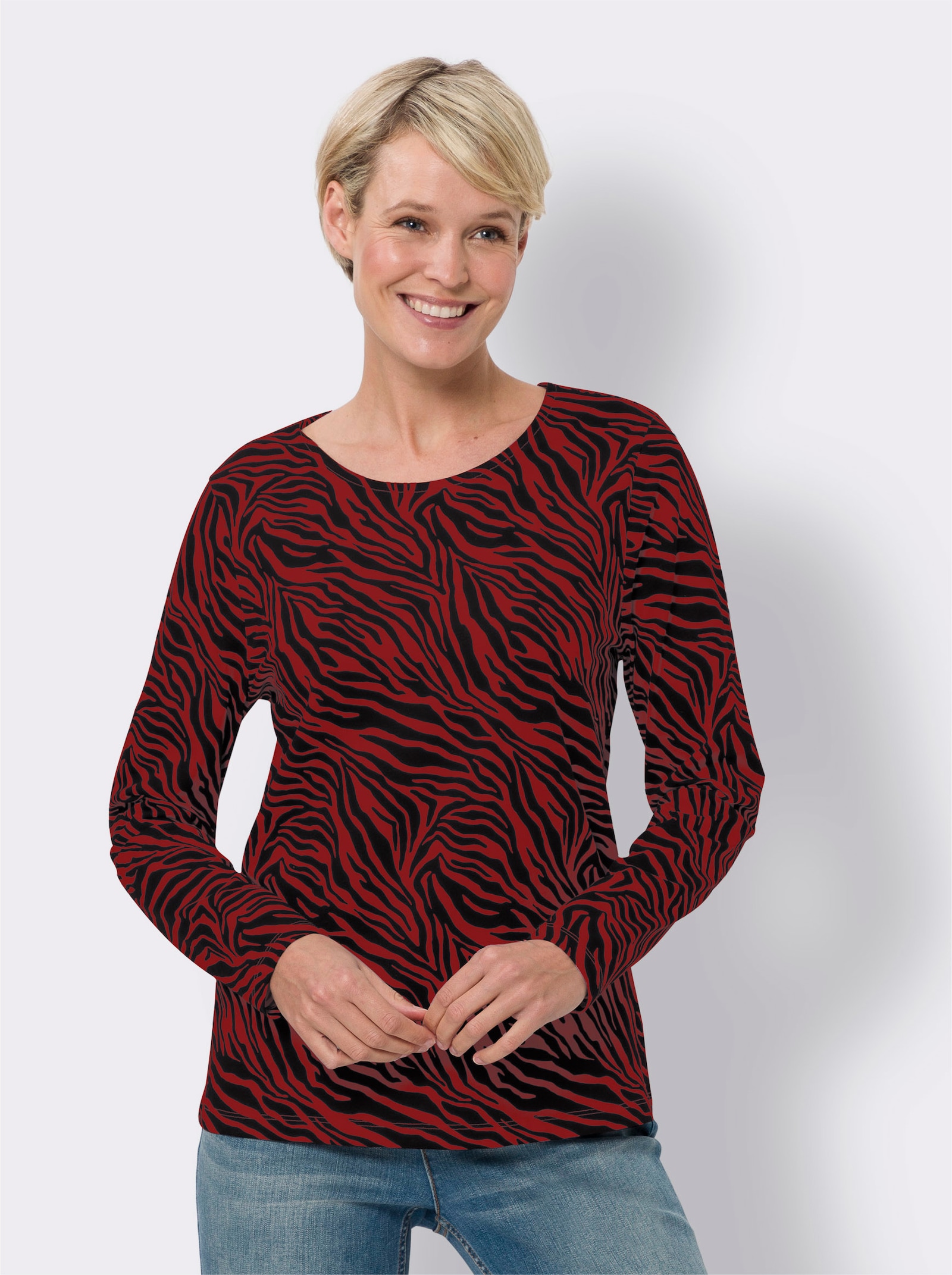 Shirt met lange mouwen en zebrapatroon - kers/zwart geprint
