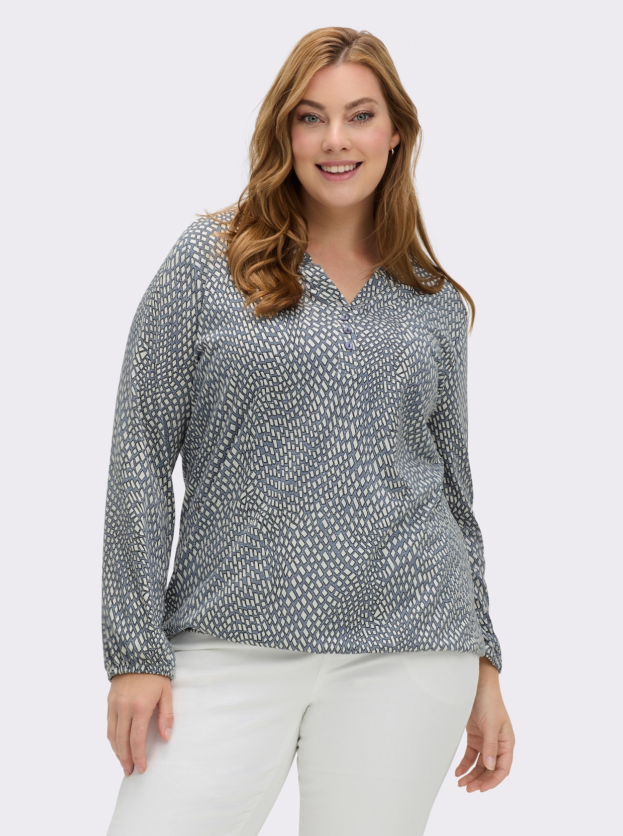 Langarmshirt im Material-Mix - rauchblau-ecru-bedruckt