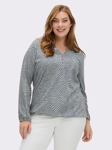 Langarmshirt im Material-Mix - rauchblau-ecru-bedruckt