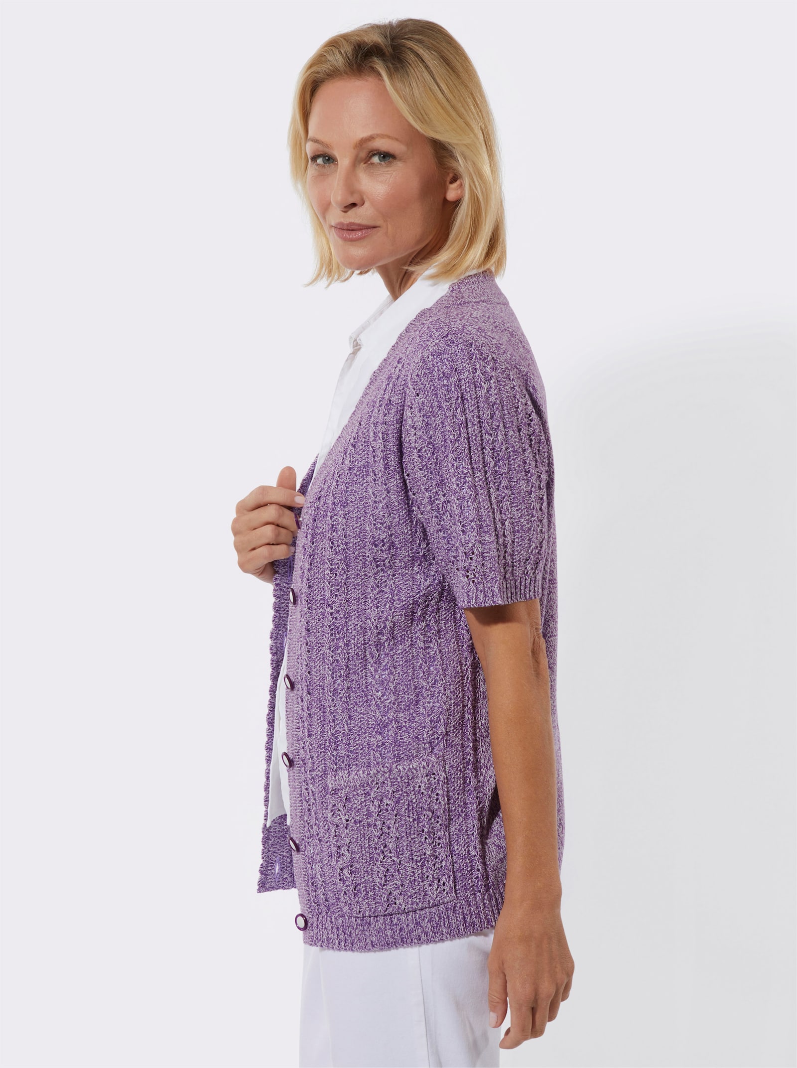 Kardigán, ažúr, našité vrecká - Fialovo-svetlobéžový melír